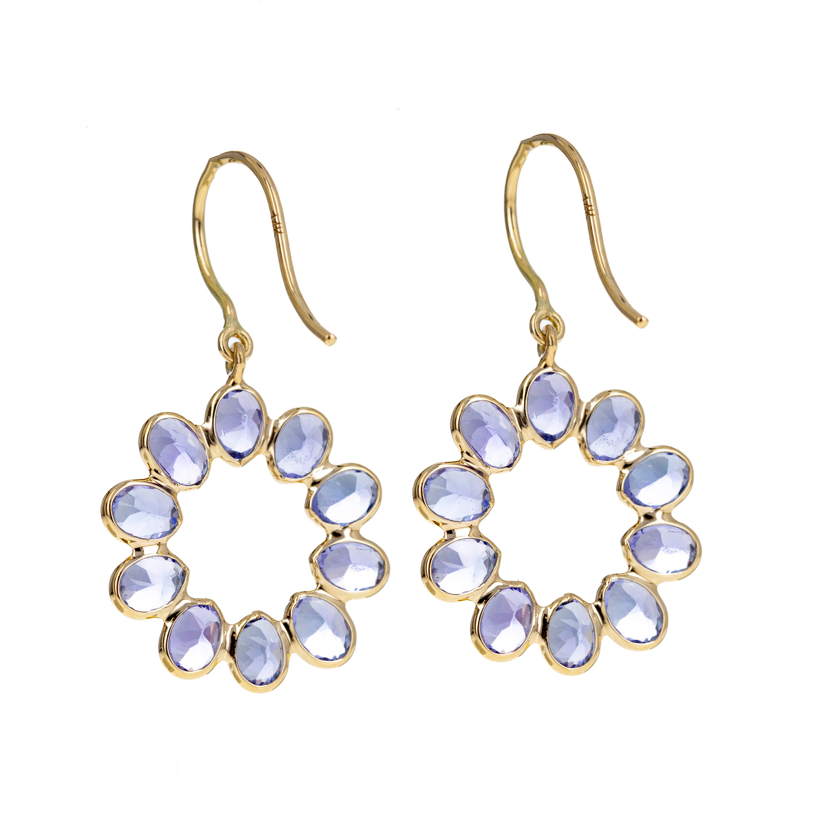 14K Yellow Gold 3.48 Carat Tanzanite Bezel Floral Earrings - Queen May