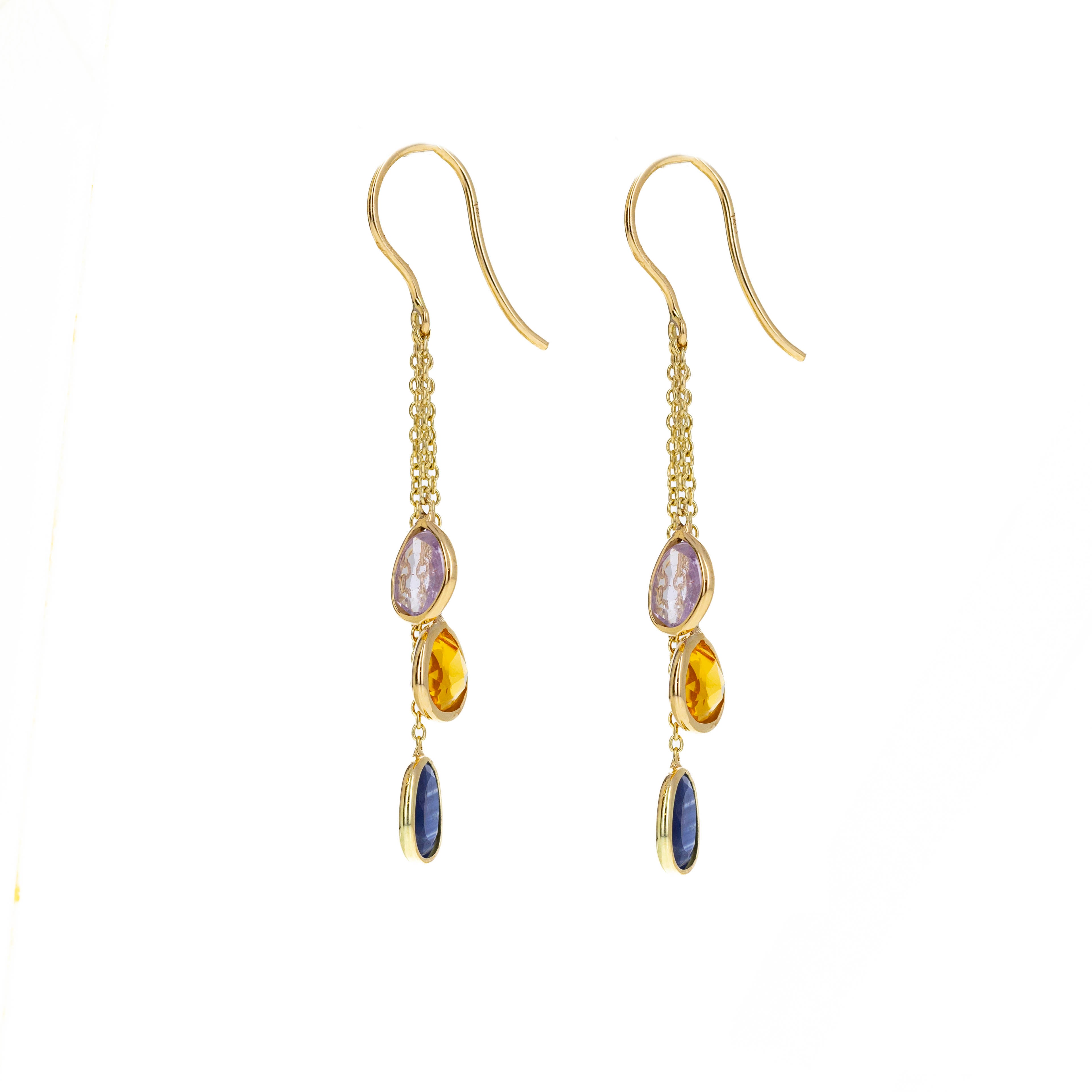 14K Yellow Gold 3.32 Carat Multi-Color Sapphire Bezel Chain Drop Earrings - Queen May