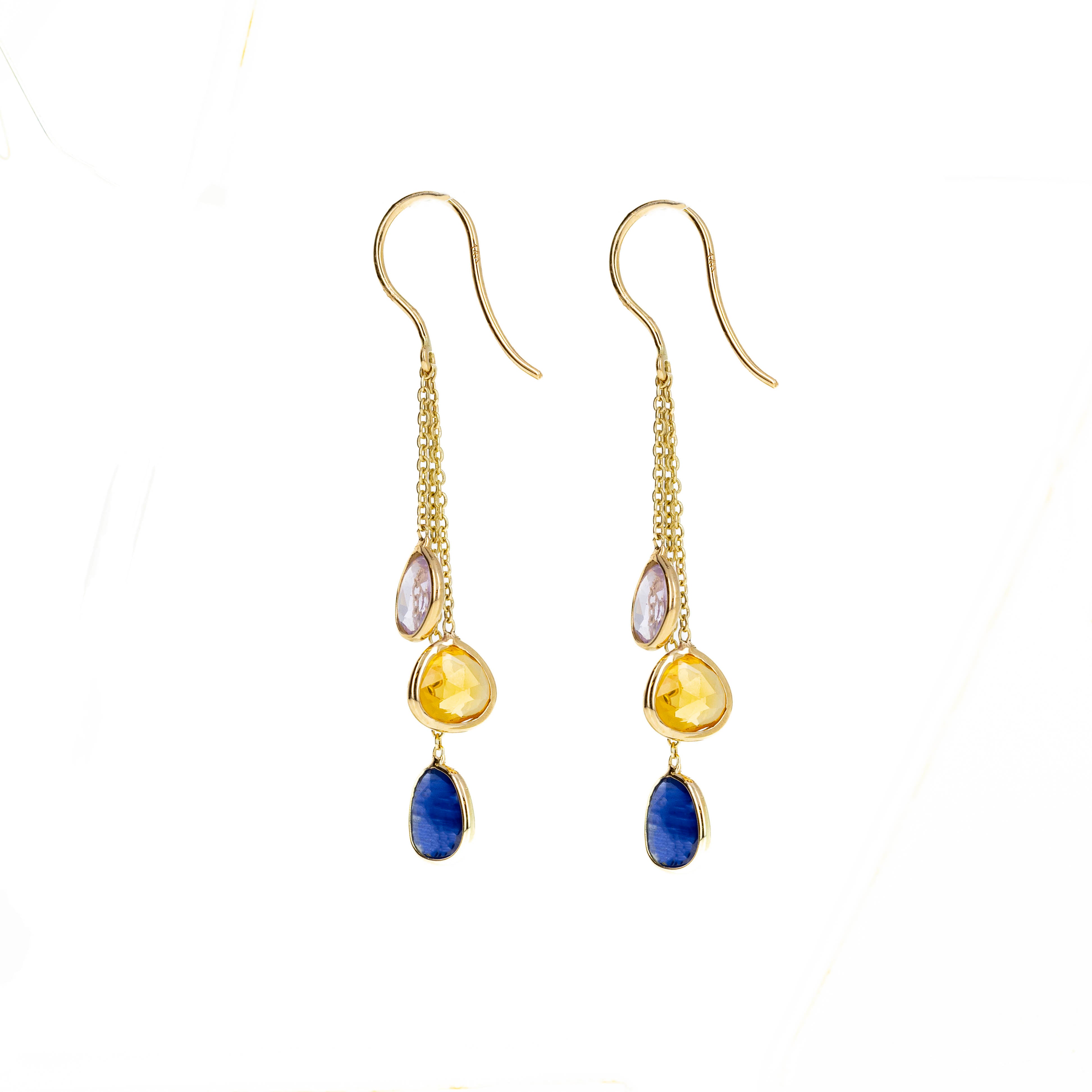 14K Yellow Gold 3.32 Carat Multi-Color Sapphire Bezel Chain Drop Earrings - Queen May