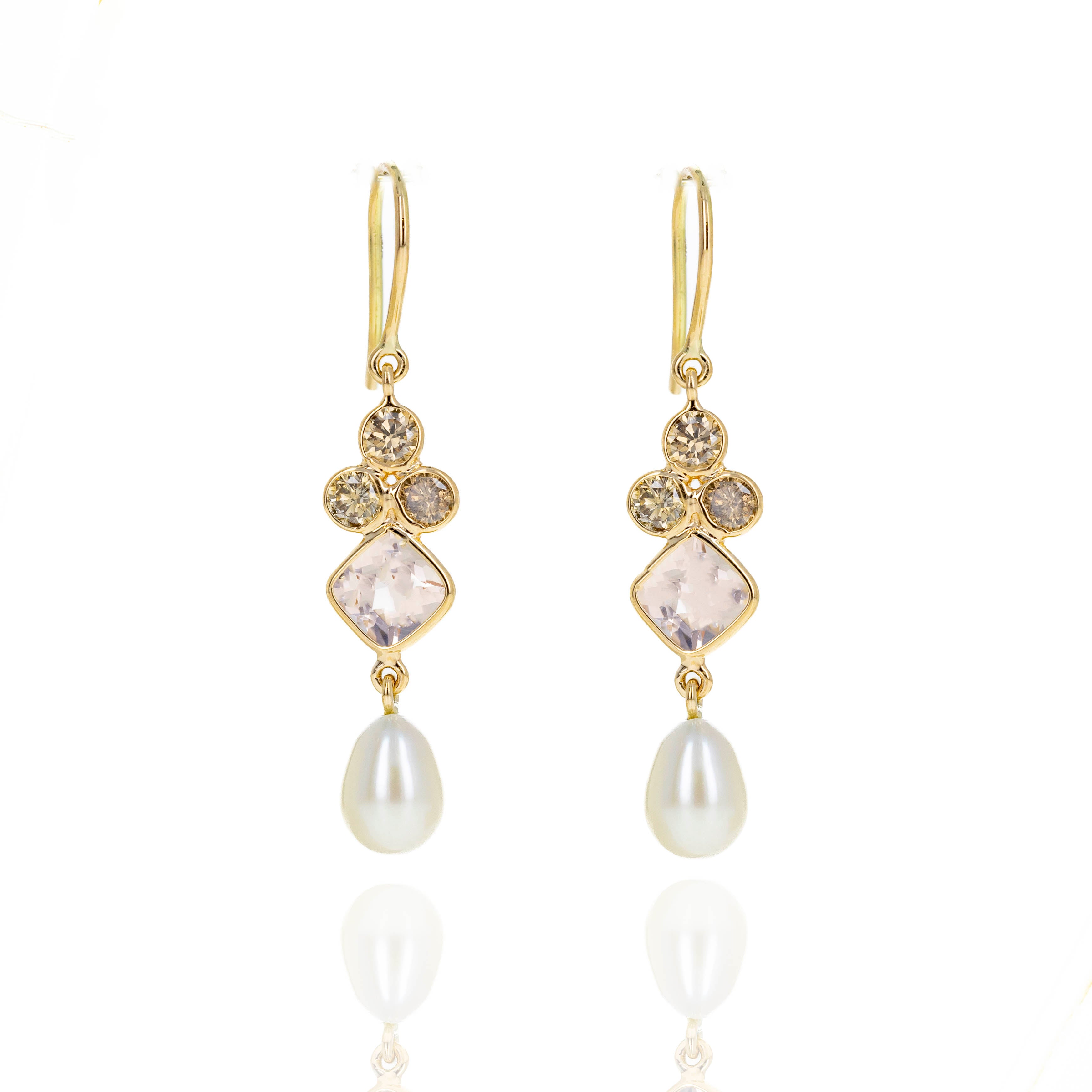 14K Yellow Gold 0.74 Carat Champagne Diamond Morganite Cultured Pearl Drop Earrings - Queen May