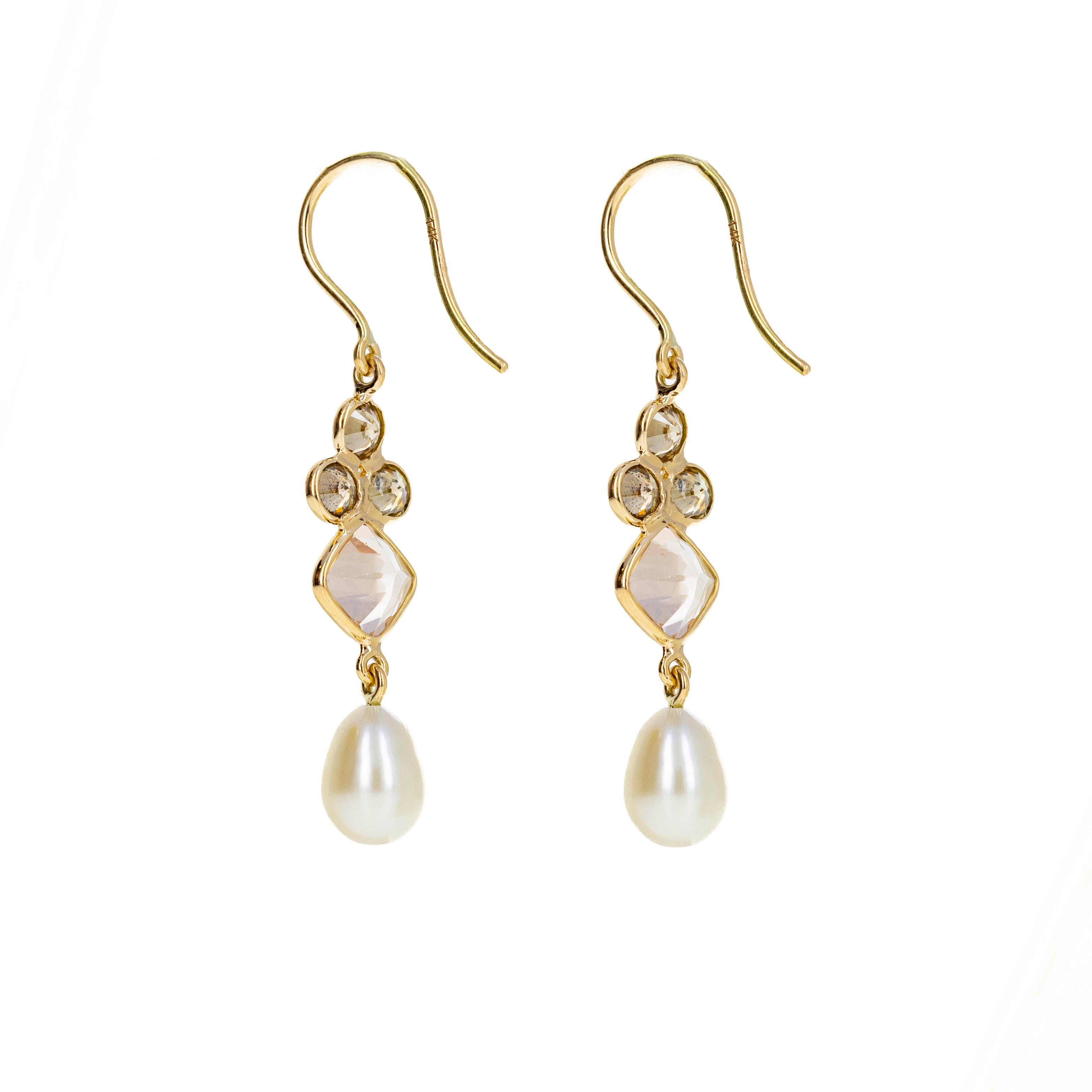 14K Yellow Gold 0.74 Carat Champagne Diamond Morganite Cultured Pearl Drop Earrings - Queen May