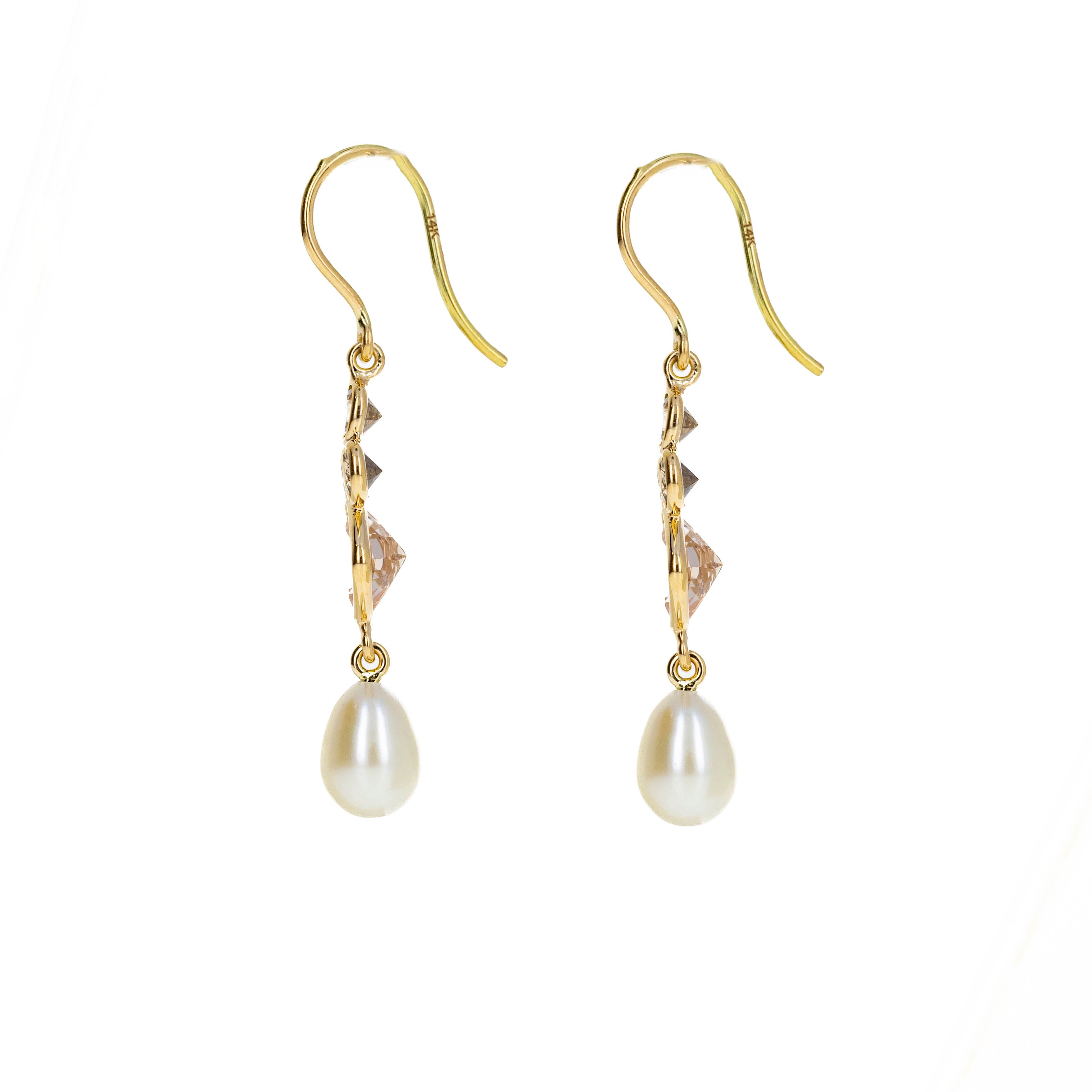 14K Yellow Gold 0.74 Carat Champagne Diamond Morganite Cultured Pearl Drop Earrings - Queen May