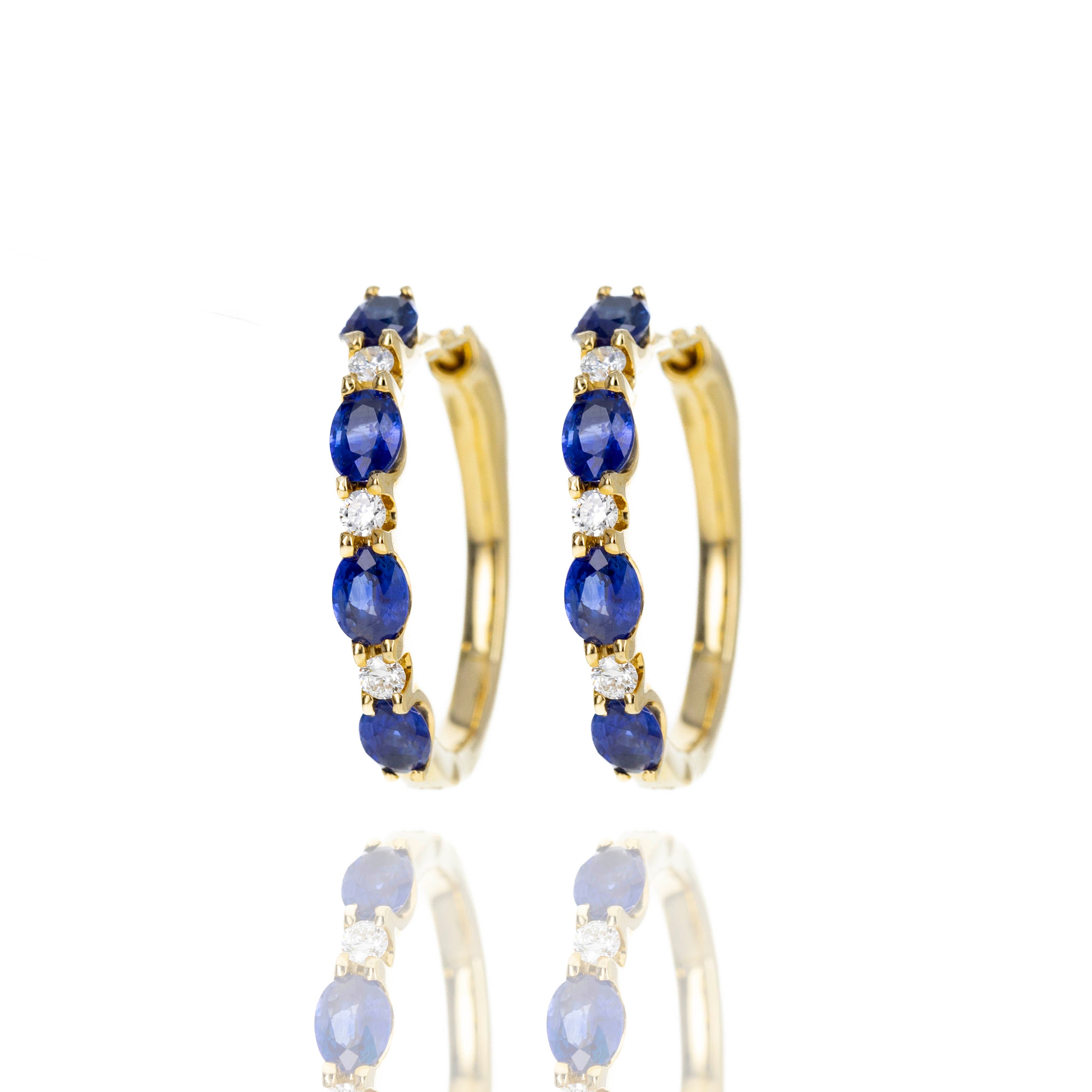 14K Yellow Gold 1.75 Carat Sapphire Diamond Station Hoop Earrings - Queen May