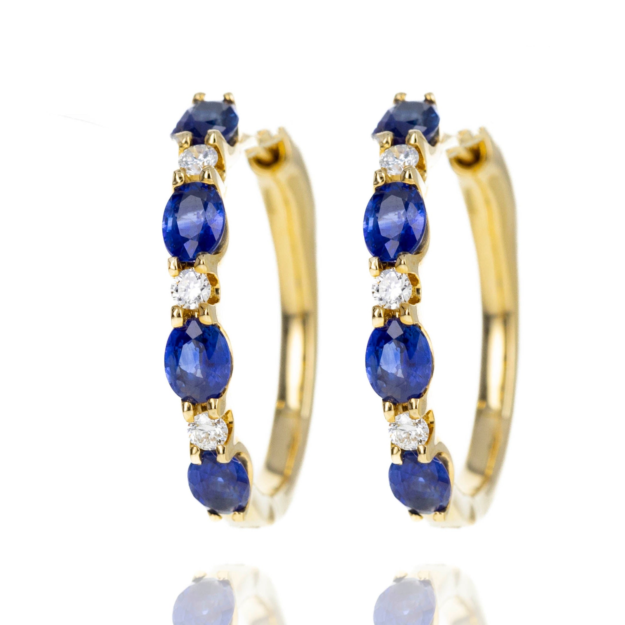 14K Yellow Gold 1.75 Carat Sapphire Diamond Station Hoop Earrings - Queen May