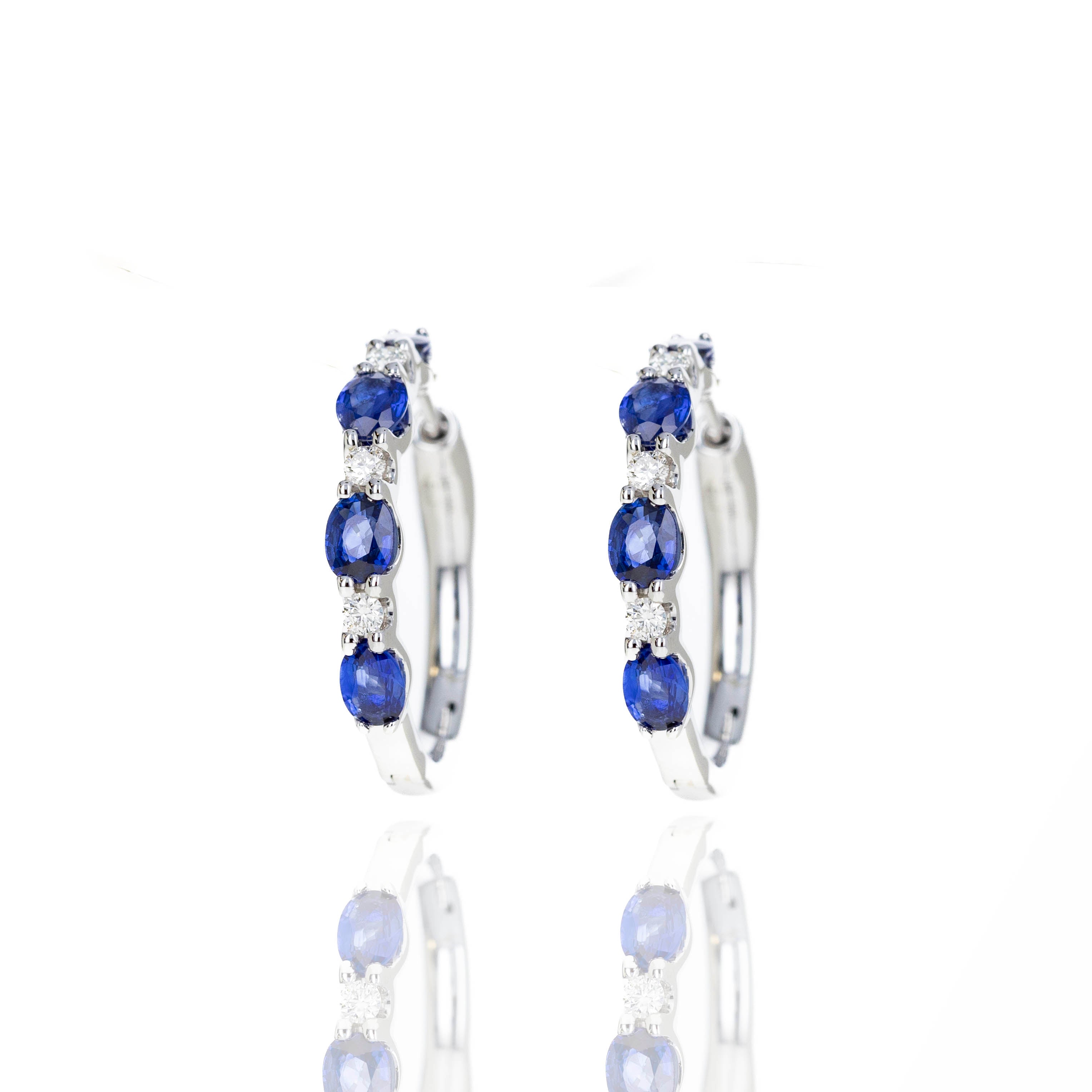 14K White Gold 1.75 Carat Sapphire Diamond Station Hoop Earrings - Queen May