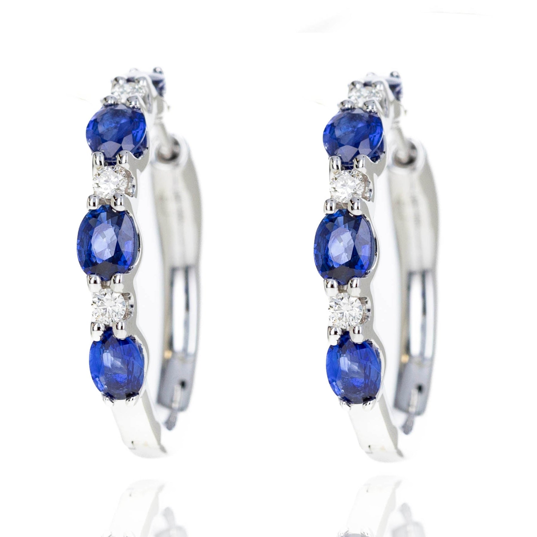 14K White Gold 1.75 Carat Sapphire Diamond Station Hoop Earrings - Queen May