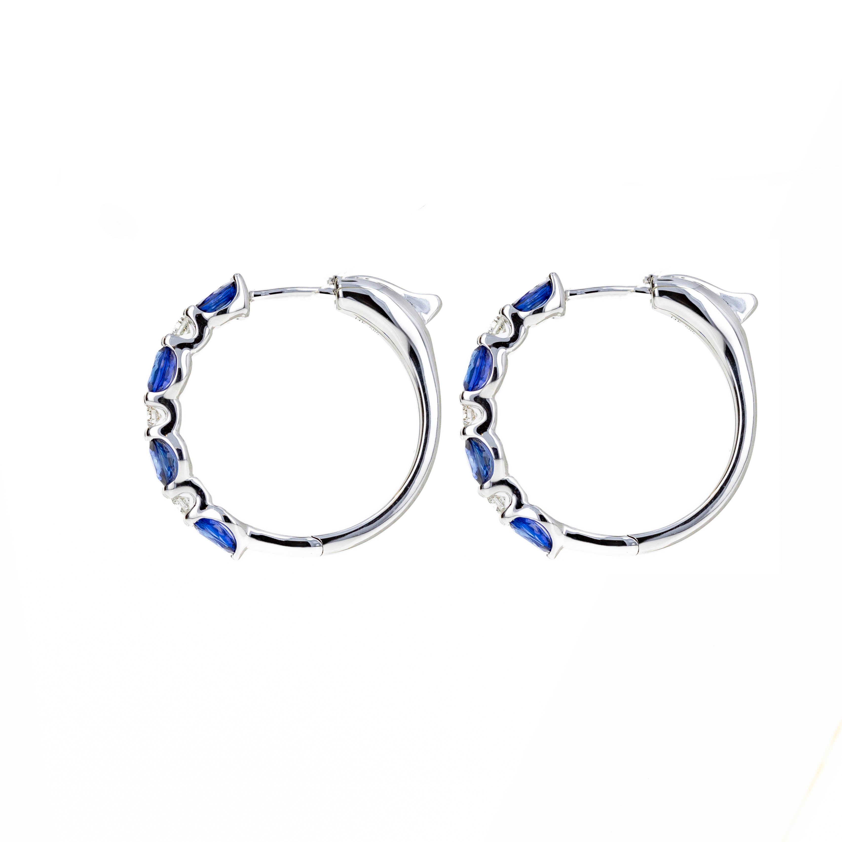 14K White Gold 1.75 Carat Sapphire Diamond Station Hoop Earrings - Queen May