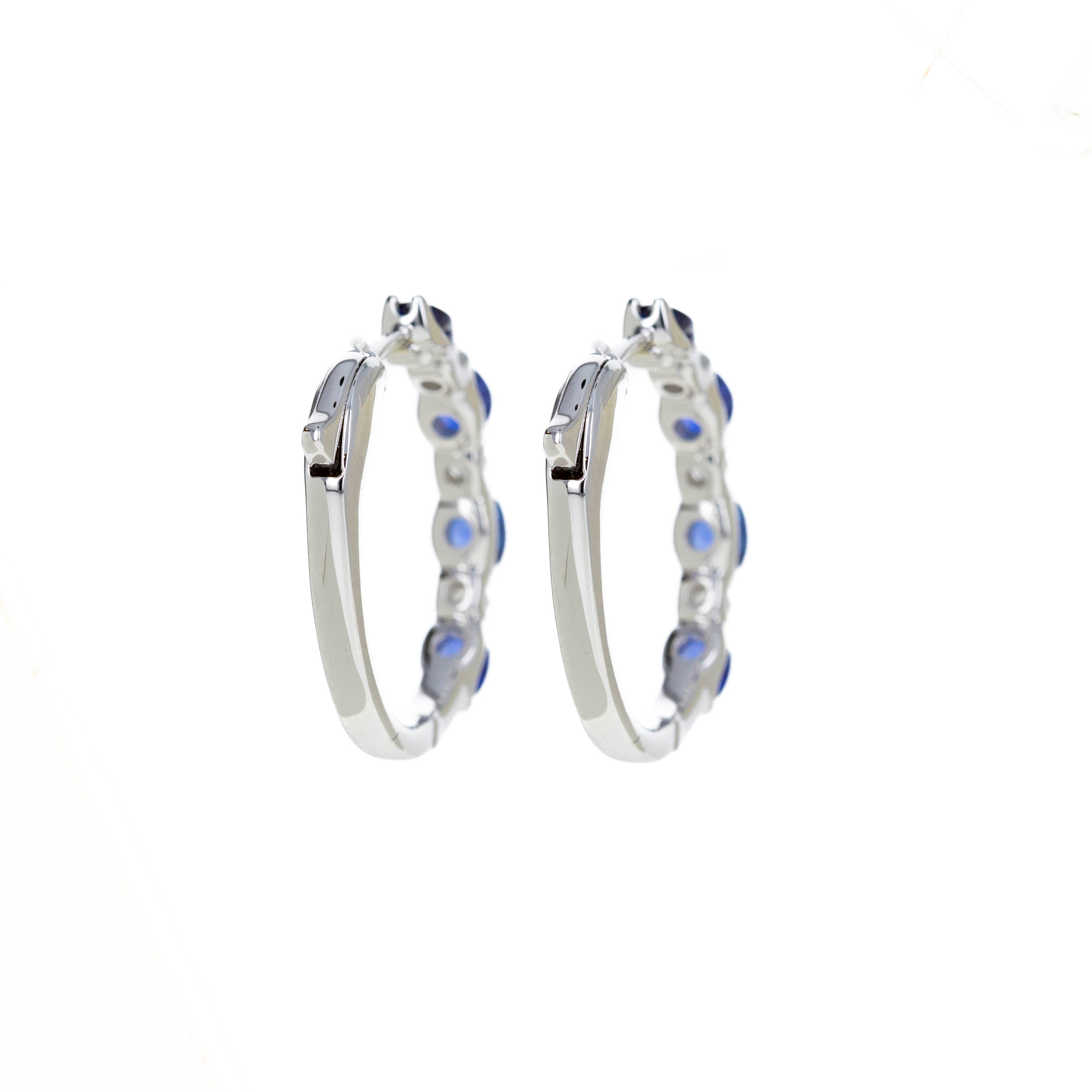 14K White Gold 1.75 Carat Sapphire Diamond Station Hoop Earrings - Queen May