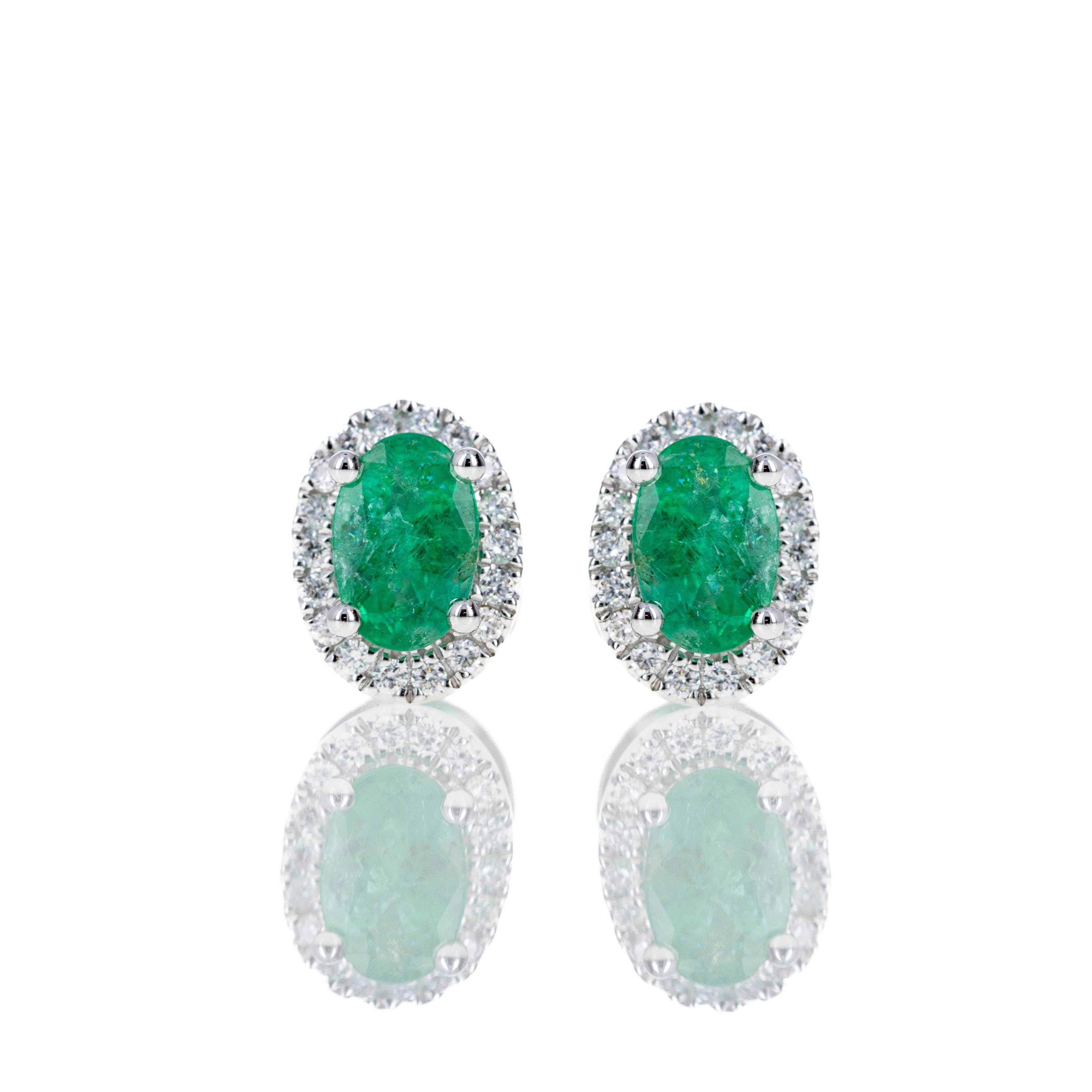 18K White Gold 0.96 Carat Emerald Diamond Halo Stud Earrings - Queen May