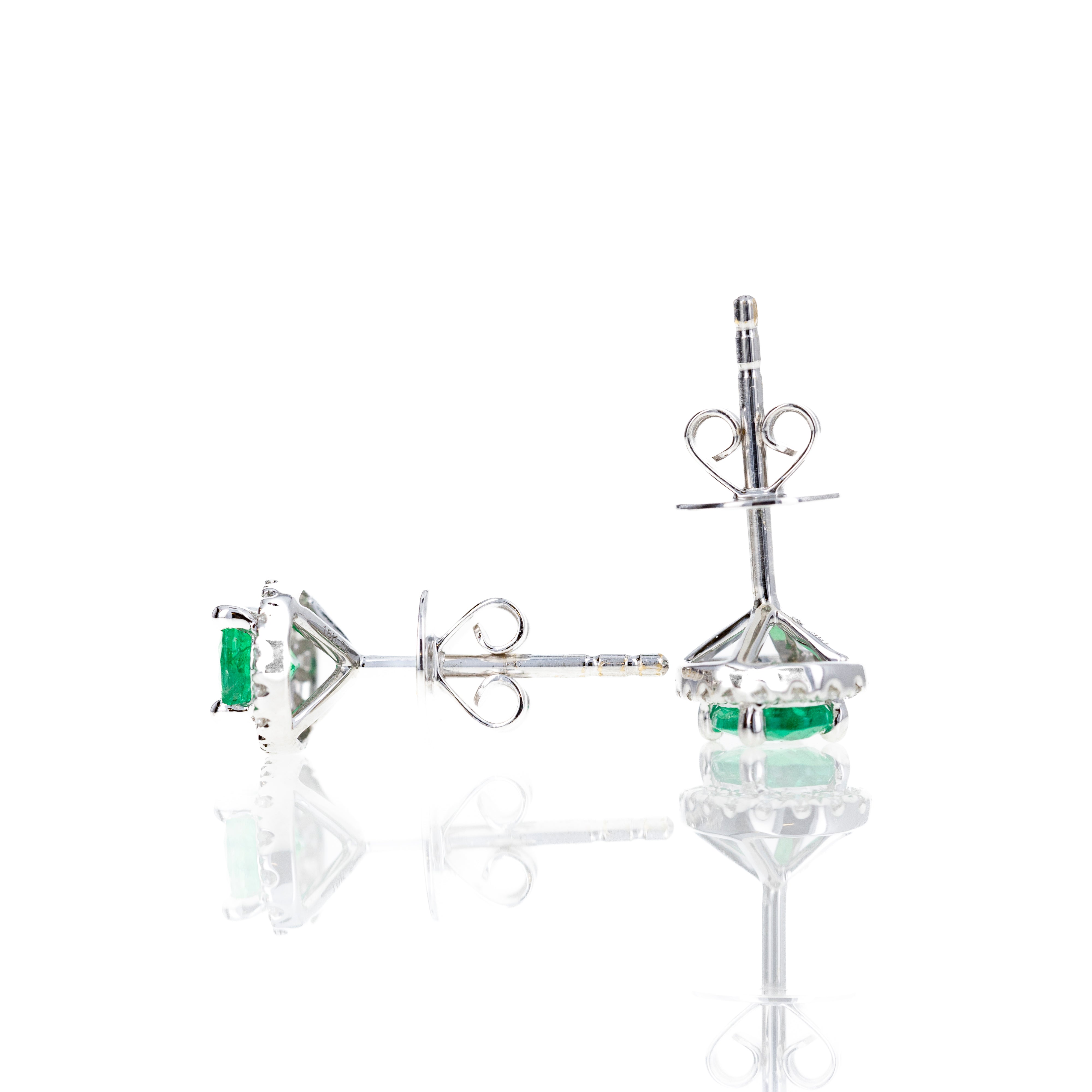 18K White Gold 0.96 Carat Emerald Diamond Halo Stud Earrings - Queen May