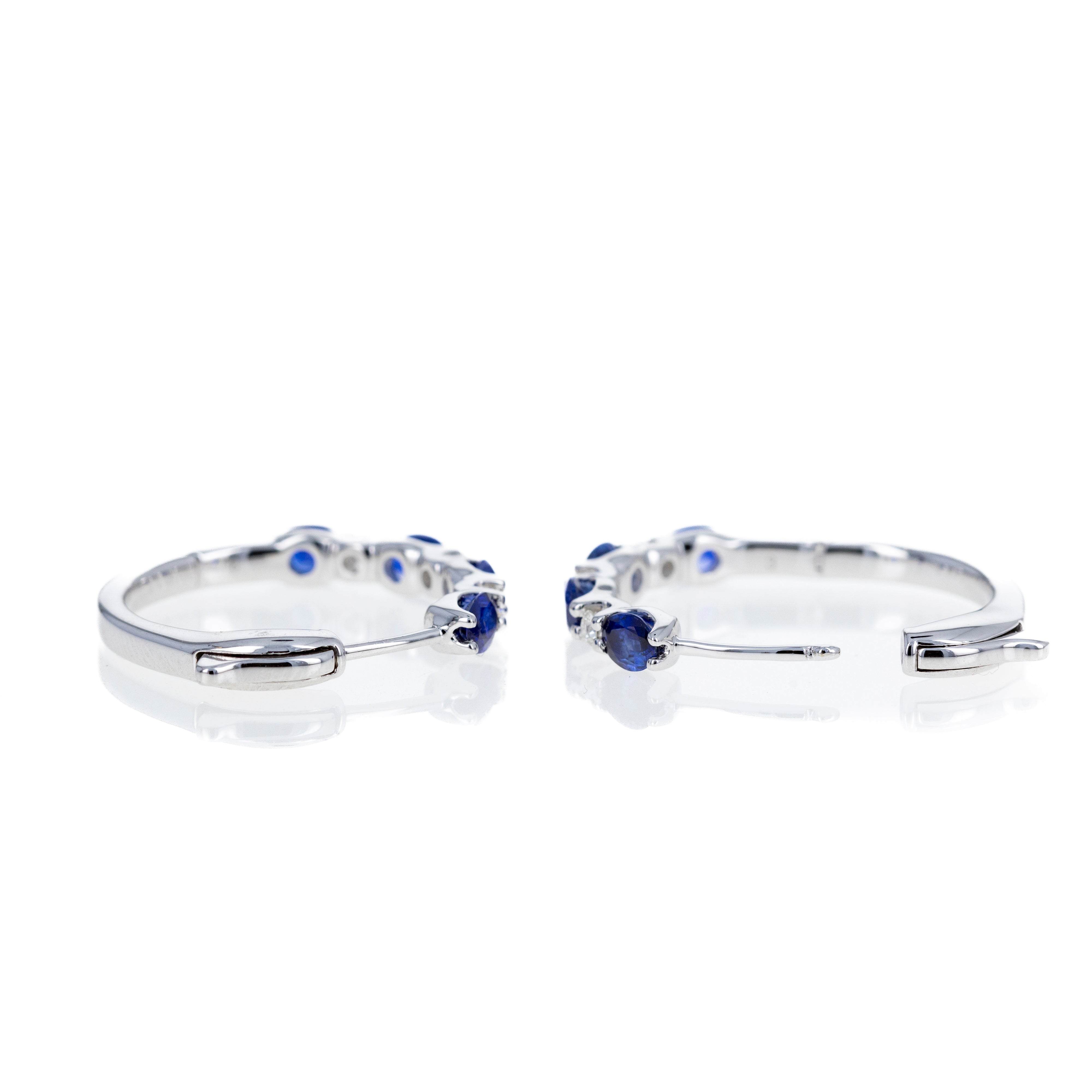 14K White Gold 1.75 Carat Sapphire Diamond Station Hoop Earrings - Queen May