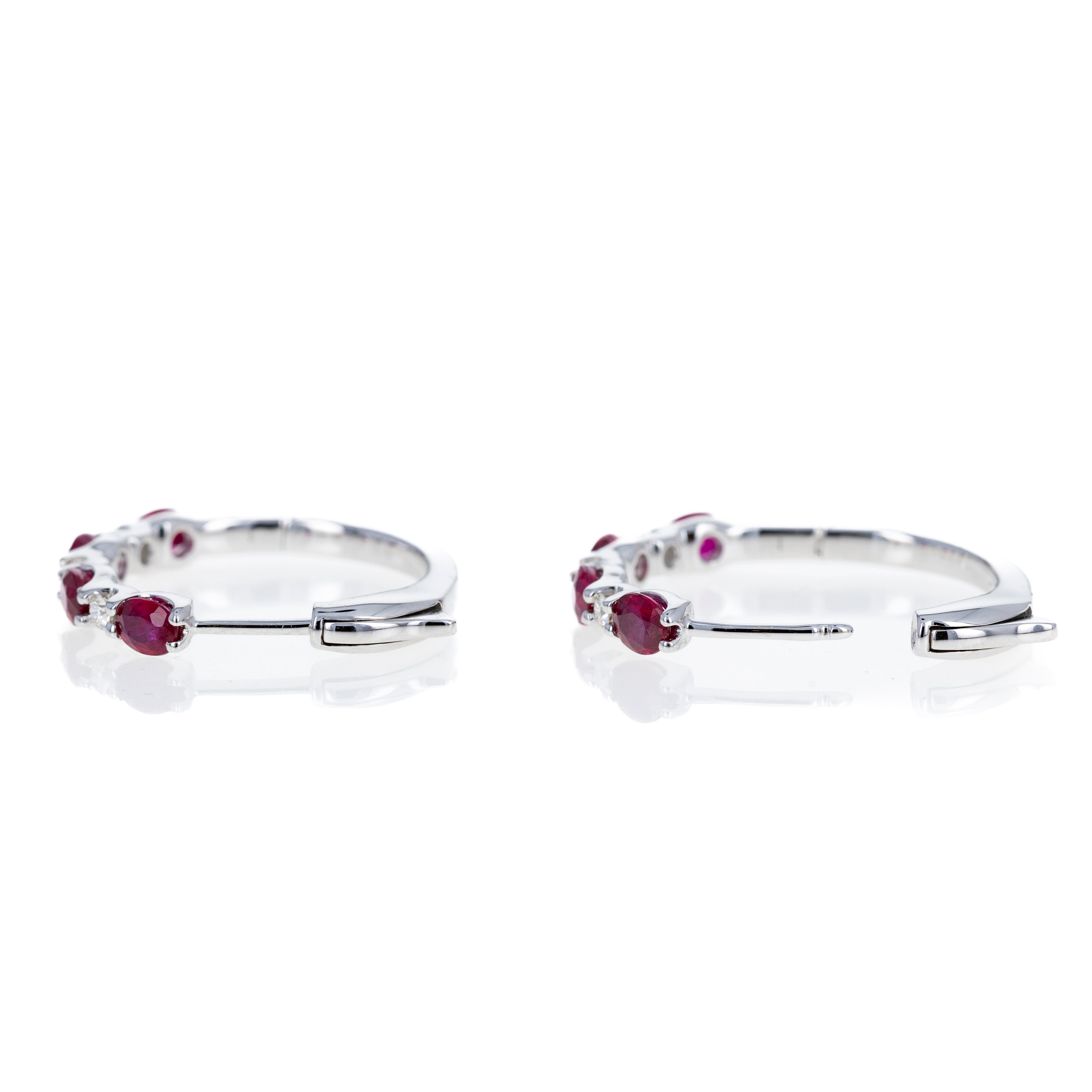 14K White Gold 1.75 Carat Ruby Diamond Station Hoop Earrings - Queen May