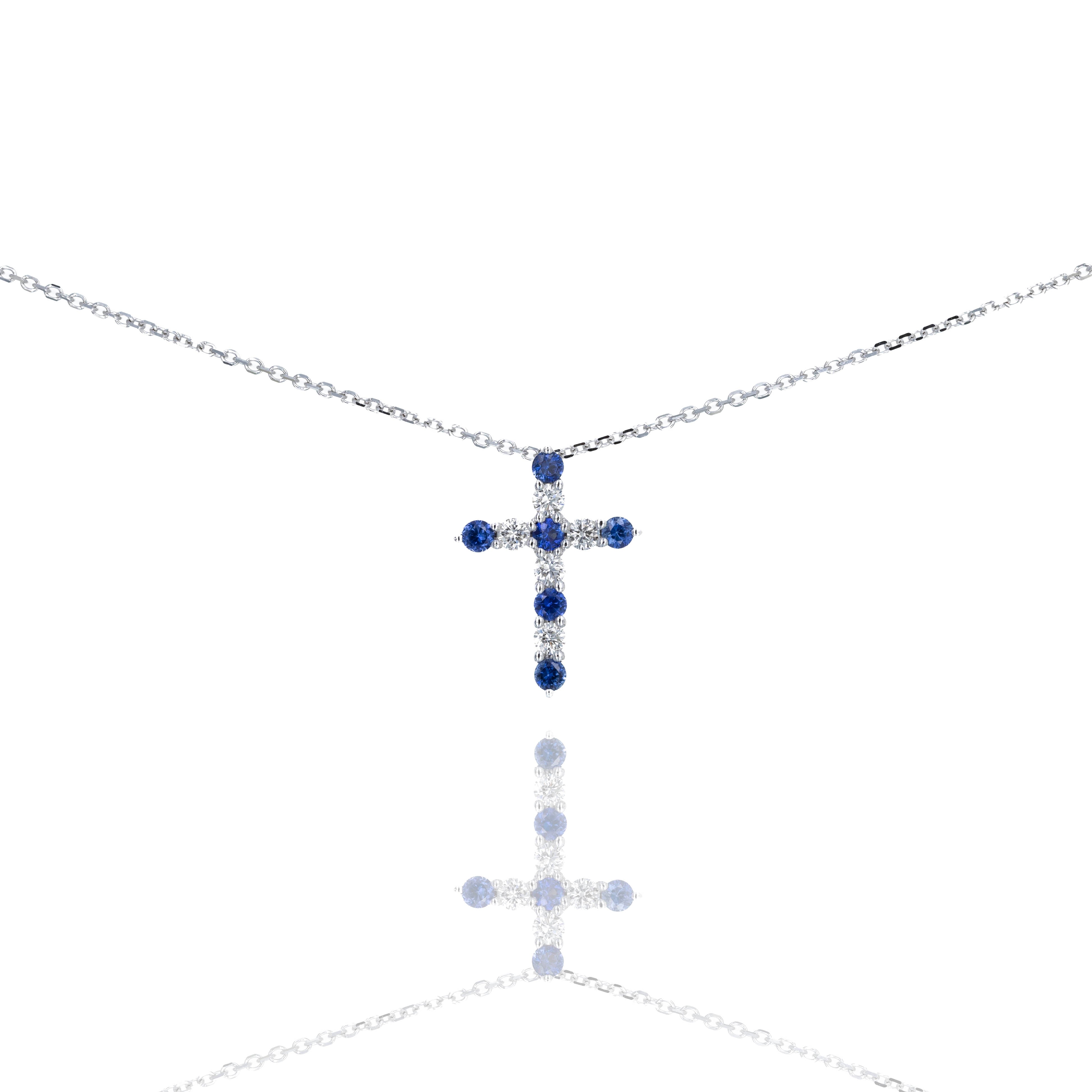 14K White Gold 0.30 Carat Sapphire Diamond Cross Pendant Necklace - Queen May