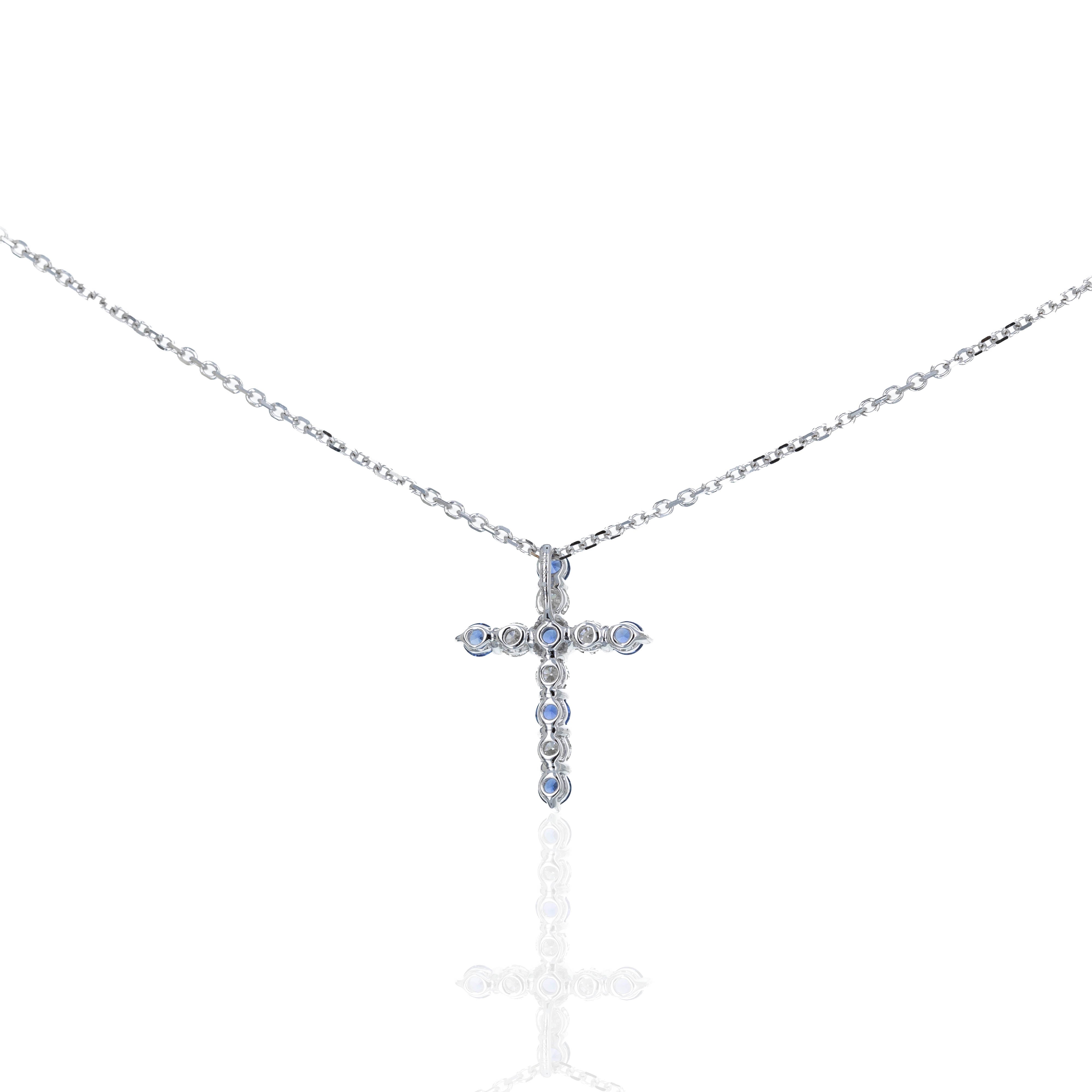 14K White Gold 0.30 Carat Sapphire Diamond Cross Pendant Necklace - Queen May