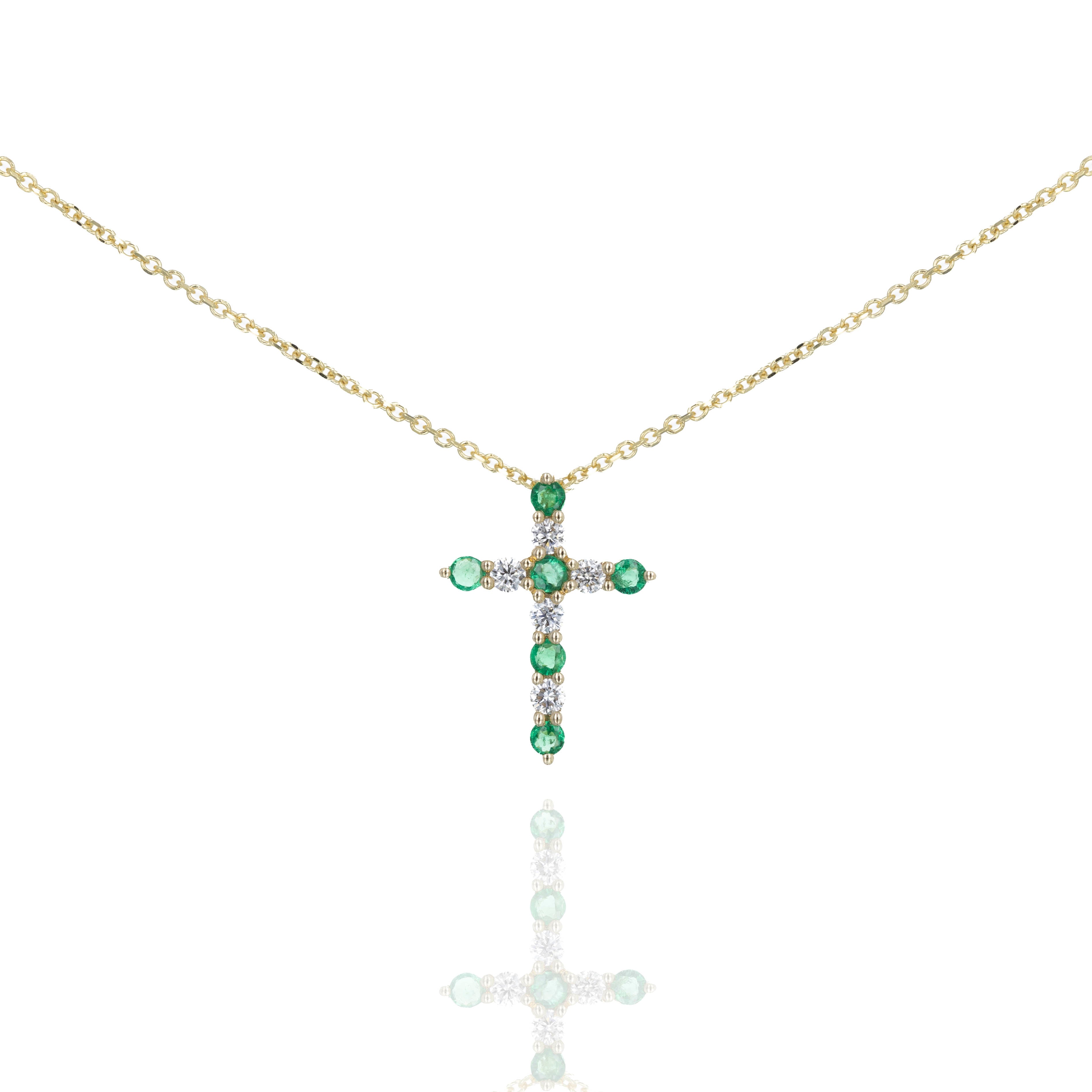 14K Yellow Gold 0.27 Carat Emerald Diamond Cross Pendant Necklace - Queen May