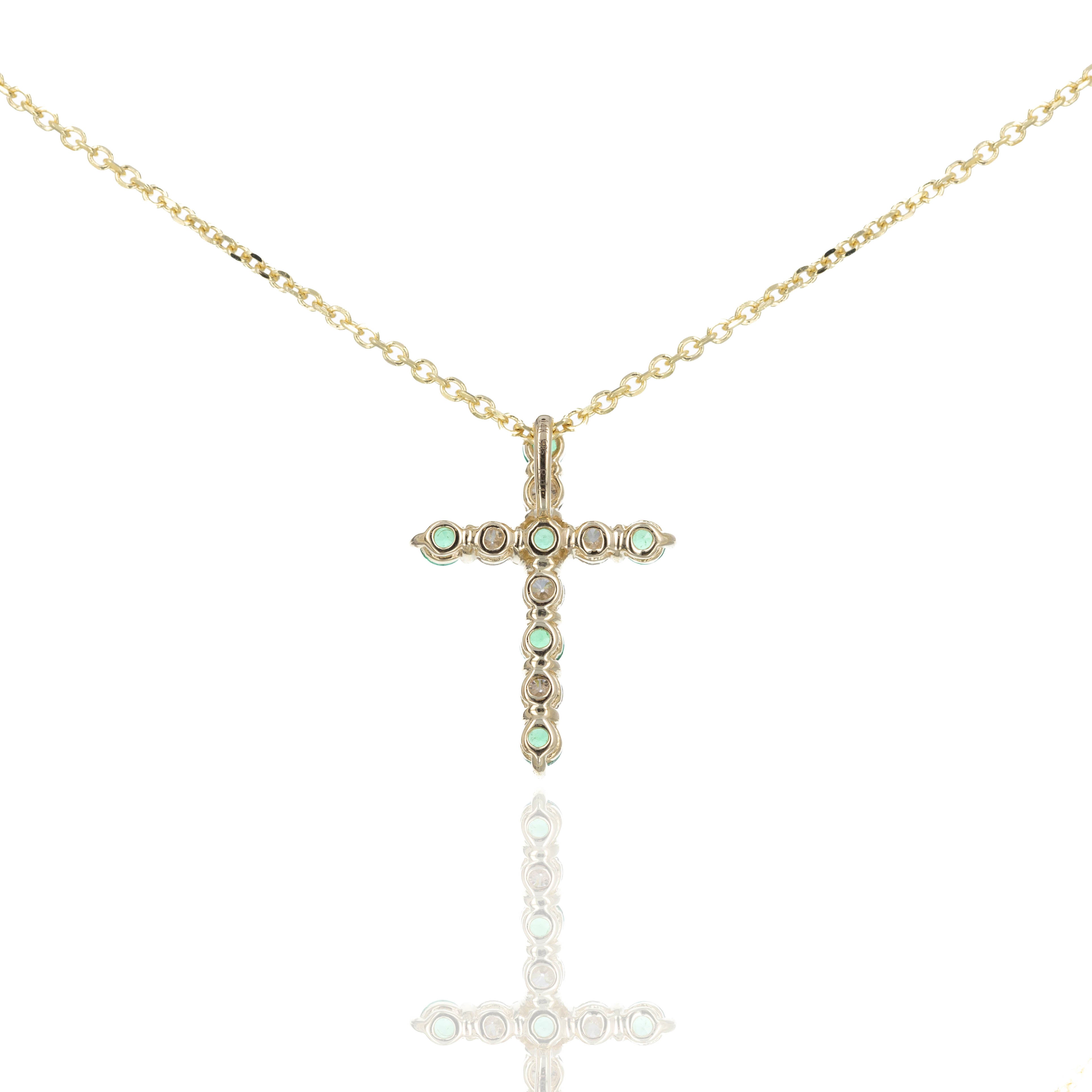 14K Yellow Gold 0.27 Carat Emerald Diamond Cross Pendant Necklace - Queen May