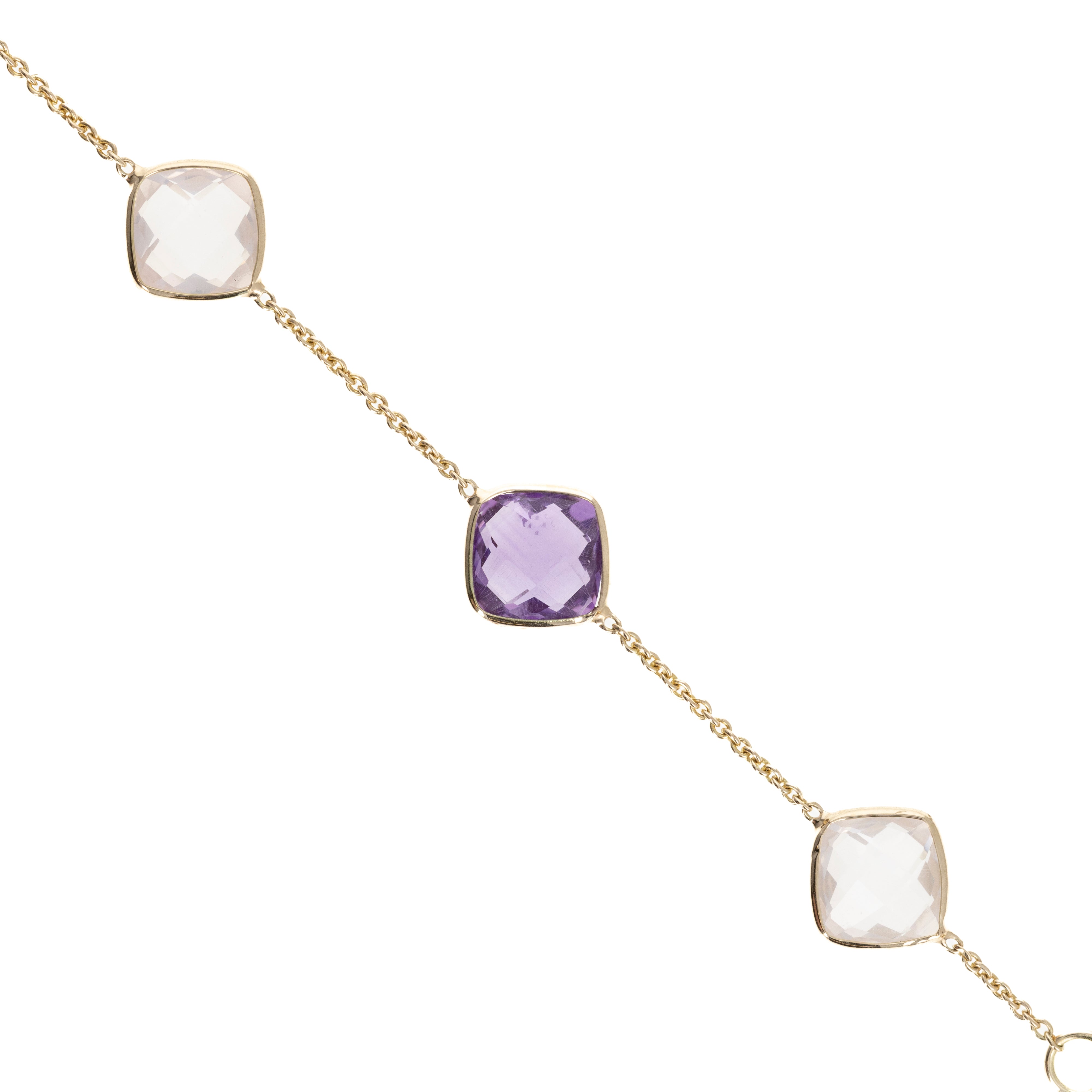 14K Yellow Gold 5.42 Carat Amethyst and Rose Quartz Bezel Bracelet - Queen May