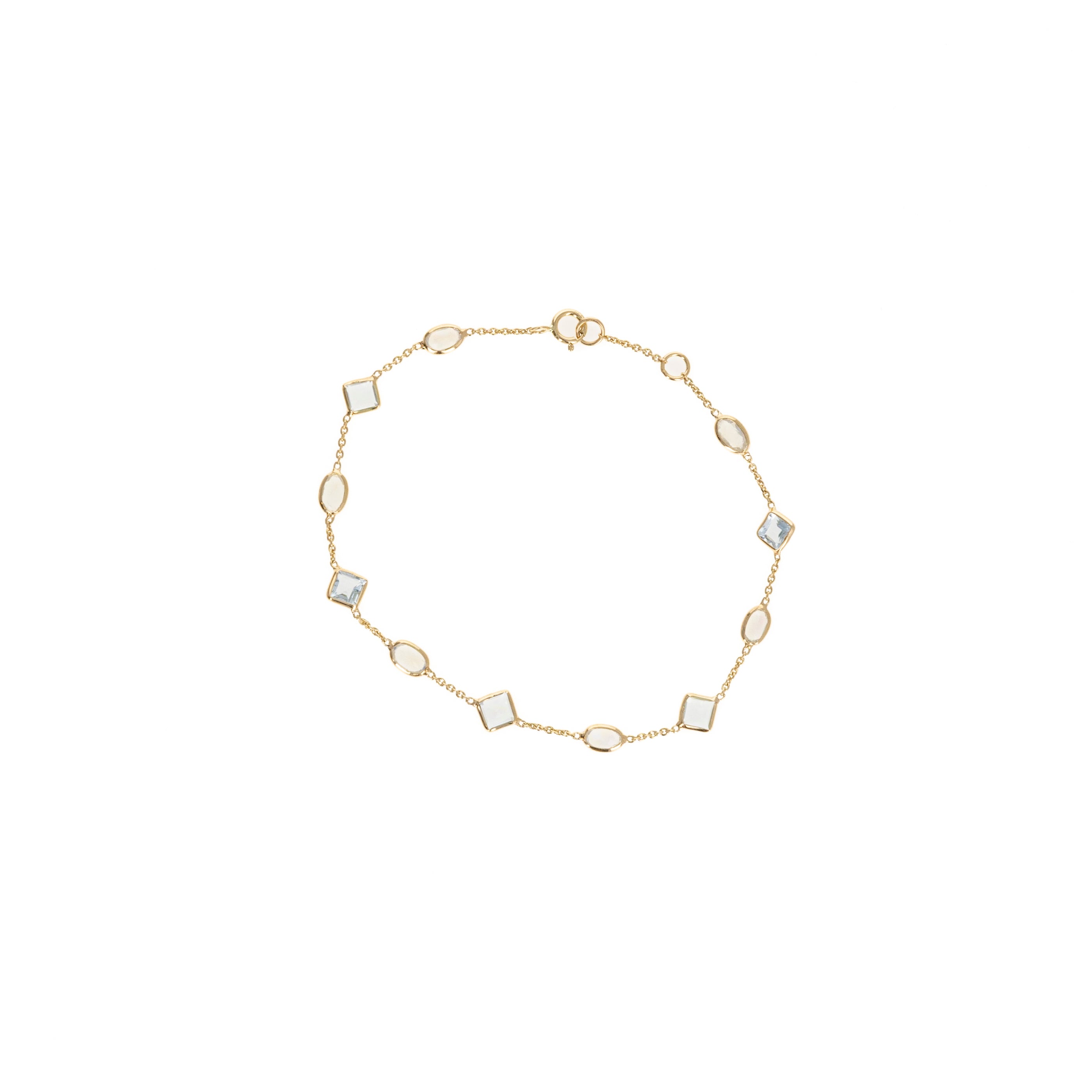 14K Yellow Gold 1.56 Carat Aquamarine and Rainbow Moonstone Bezel Bracelet - Queen May