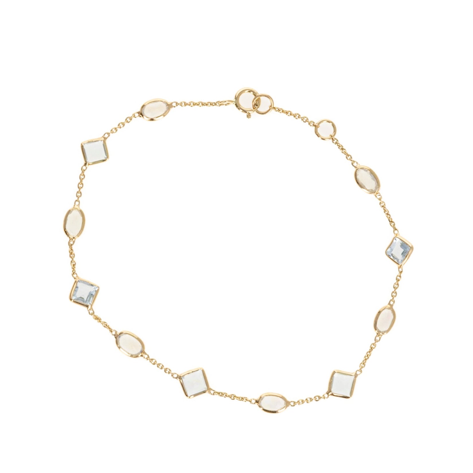 14K Yellow Gold 1.56 Carat Aquamarine and Rainbow Moonstone Bezel Bracelet - Queen May