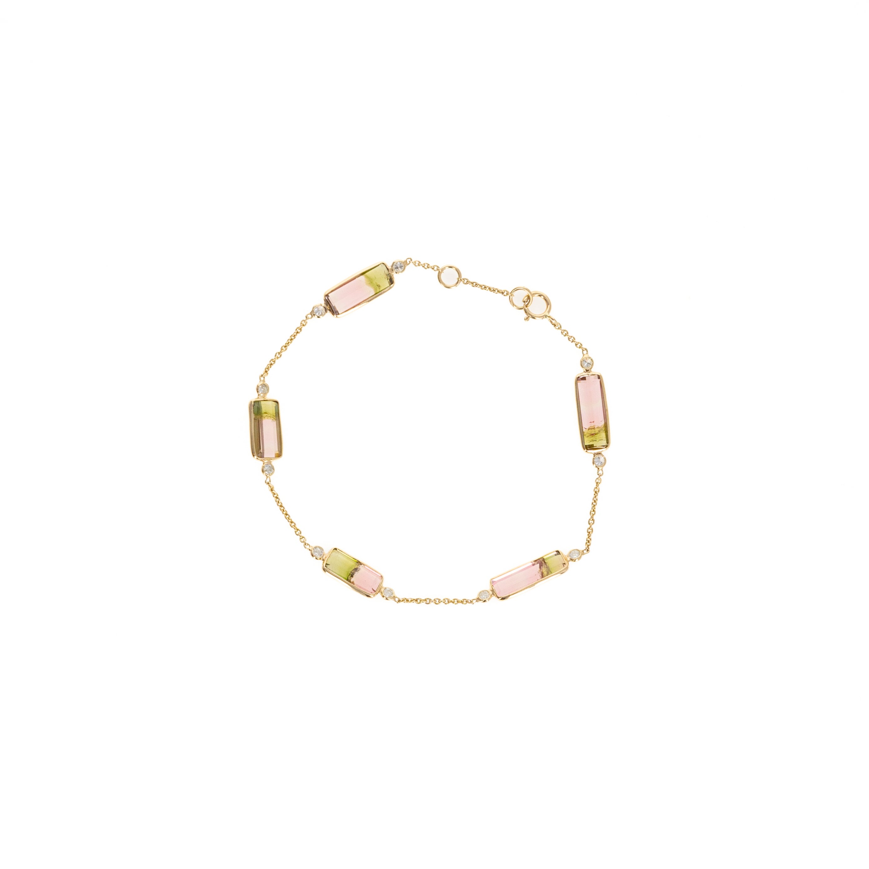14K Yellow Gold 7.63 Carat Watermelon Tourmaline Diamond Bezel Bracelet - Queen May
