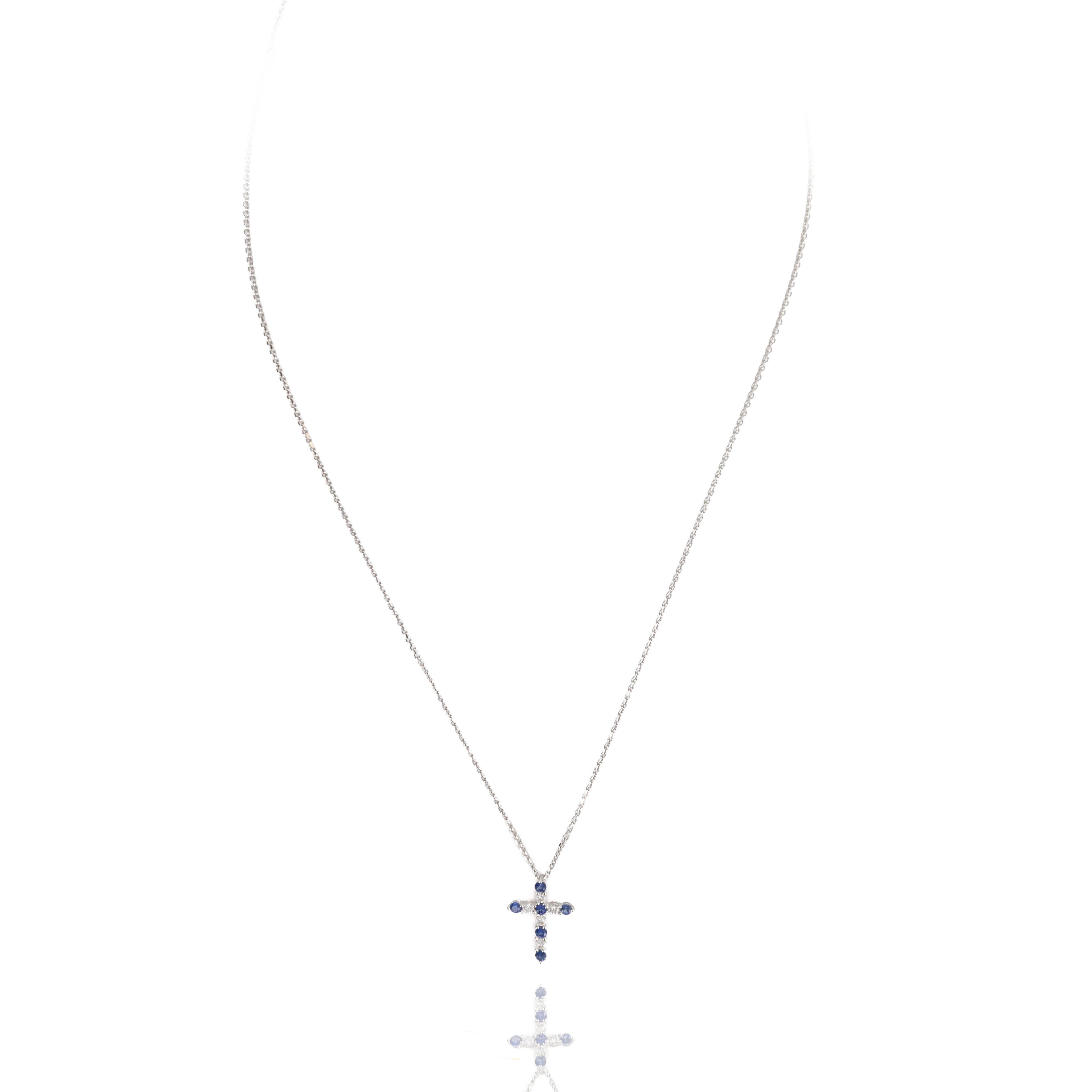 14K White Gold 0.30 Carat Sapphire Diamond Cross Pendant Necklace - Queen May