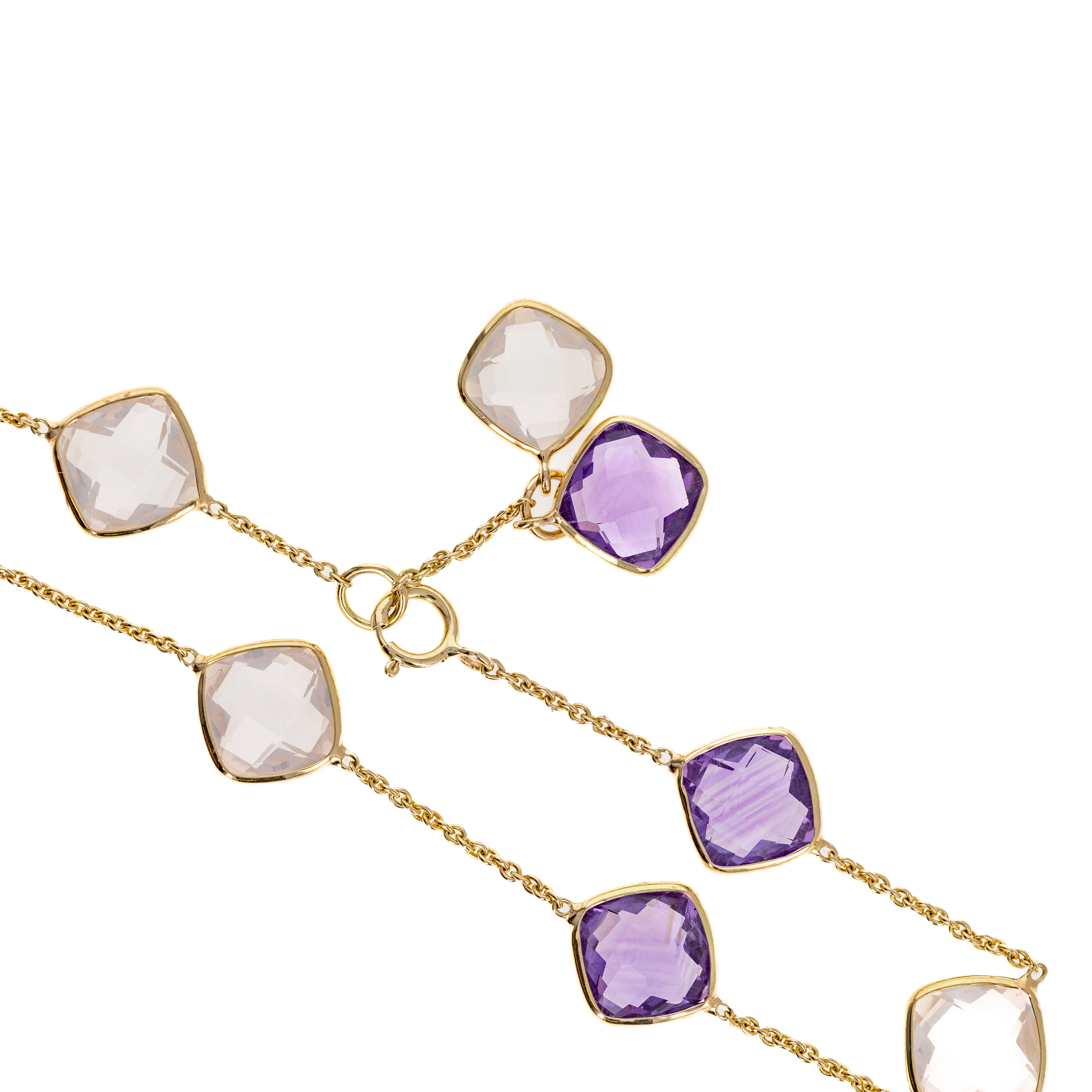 14K Yellow Gold 5.42 Carat Amethyst and Rose Quartz Bezel Bracelet - Queen May