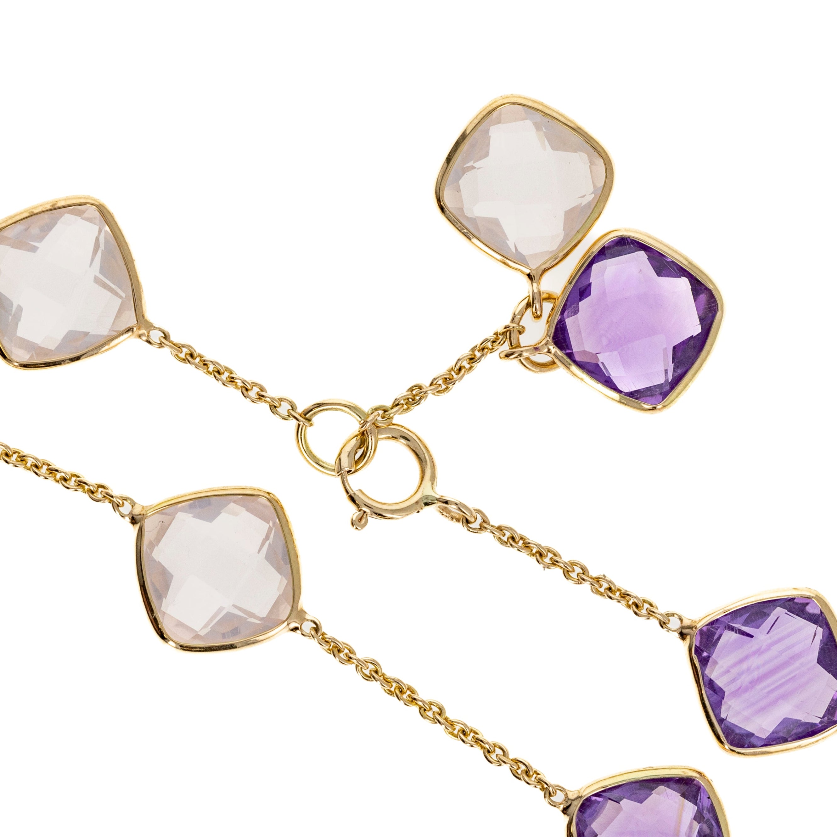 14K Yellow Gold 5.42 Carat Amethyst and Rose Quartz Bezel Bracelet - Queen May