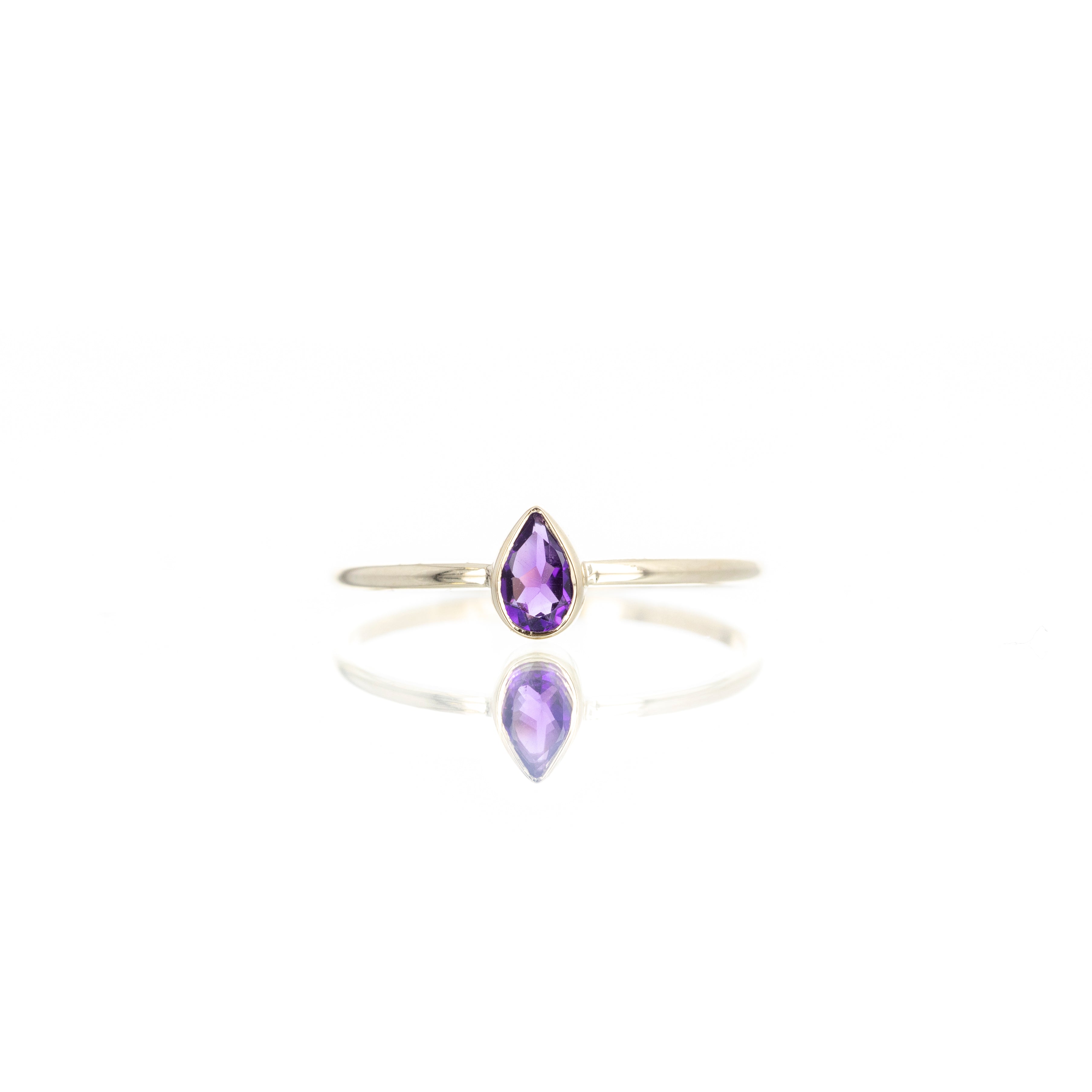 14K Yellow Gold 0.21 Carat Pear Amethyst Bezel Ring - Queen May