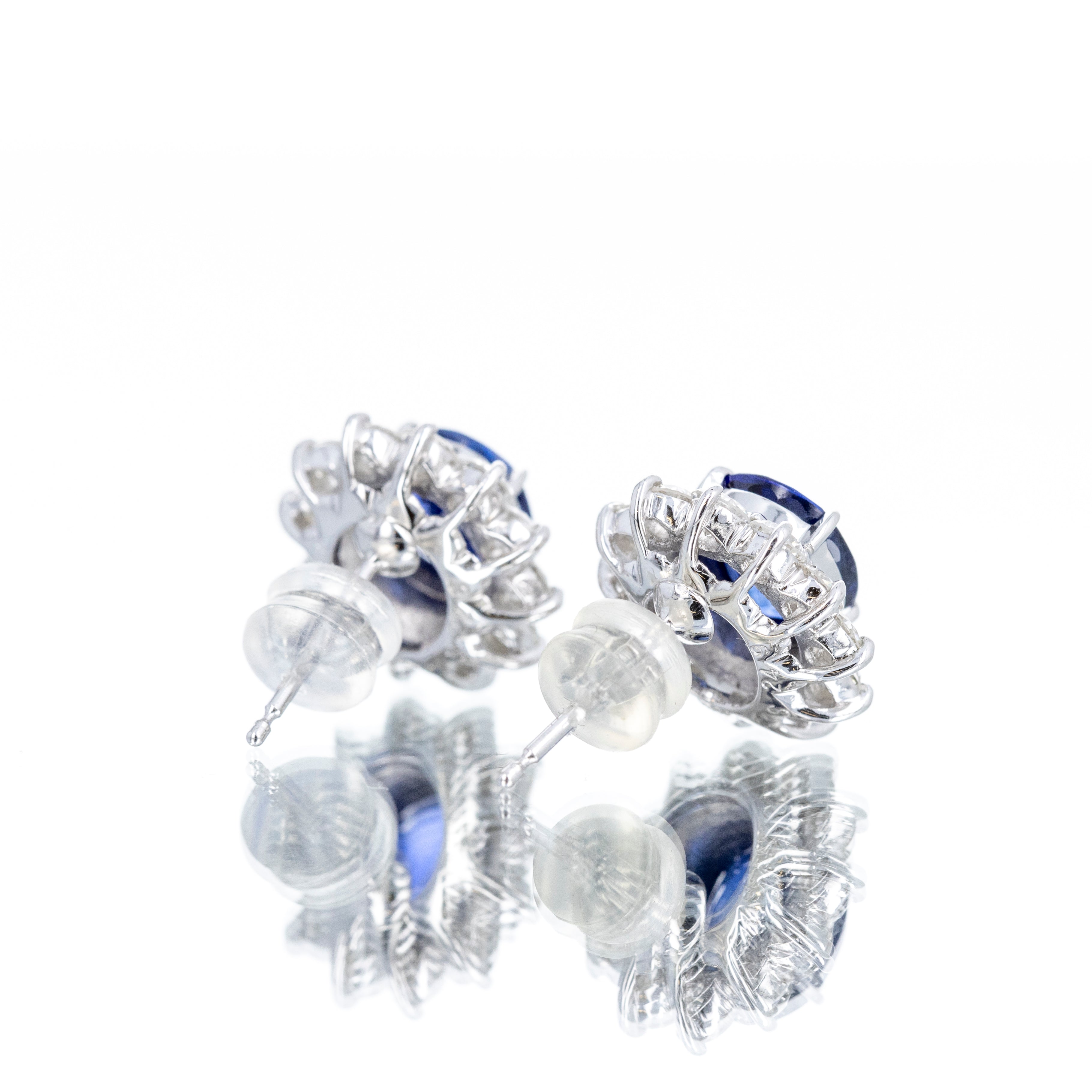 Platinum 4.74 Carat Oval Sapphire Diamond Halo Stud Earrings - Queen May
