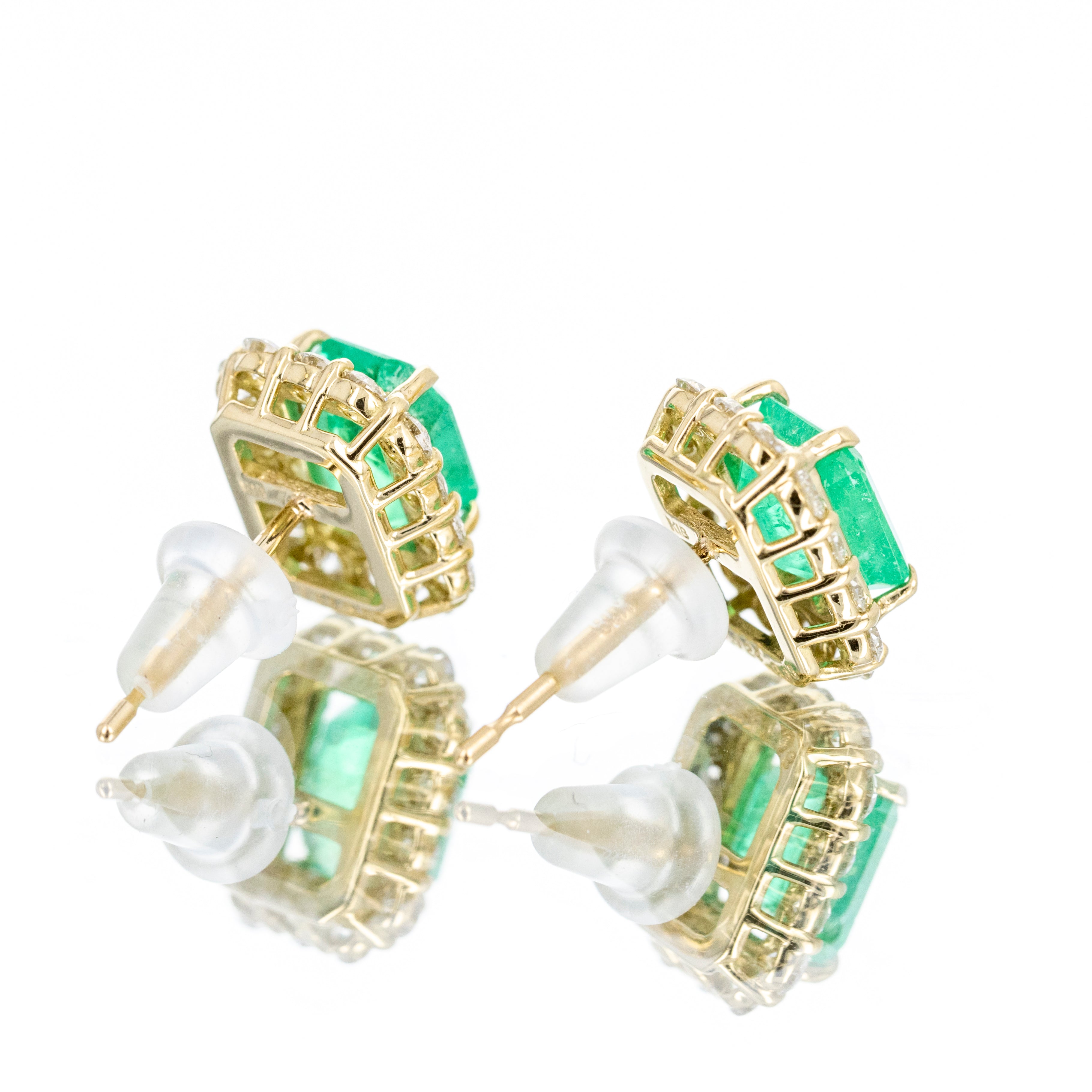 18K Yellow Gold 1.88 Carat Emerald Diamond Halo Stud Earrings - Queen May
