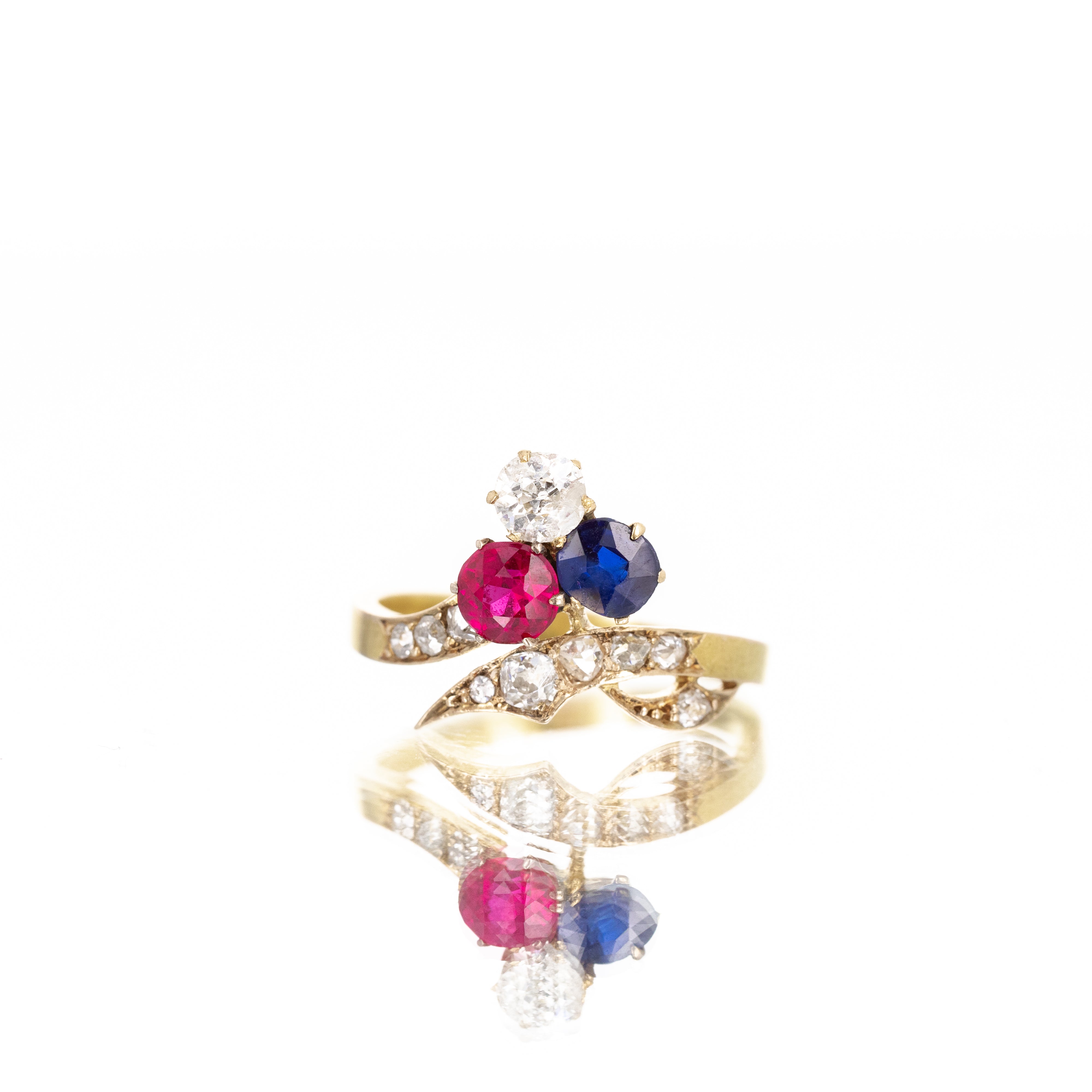Edwardian 18K Yellow Gold Sapphire Diamond Synthetic Ruby Ring - Queen May