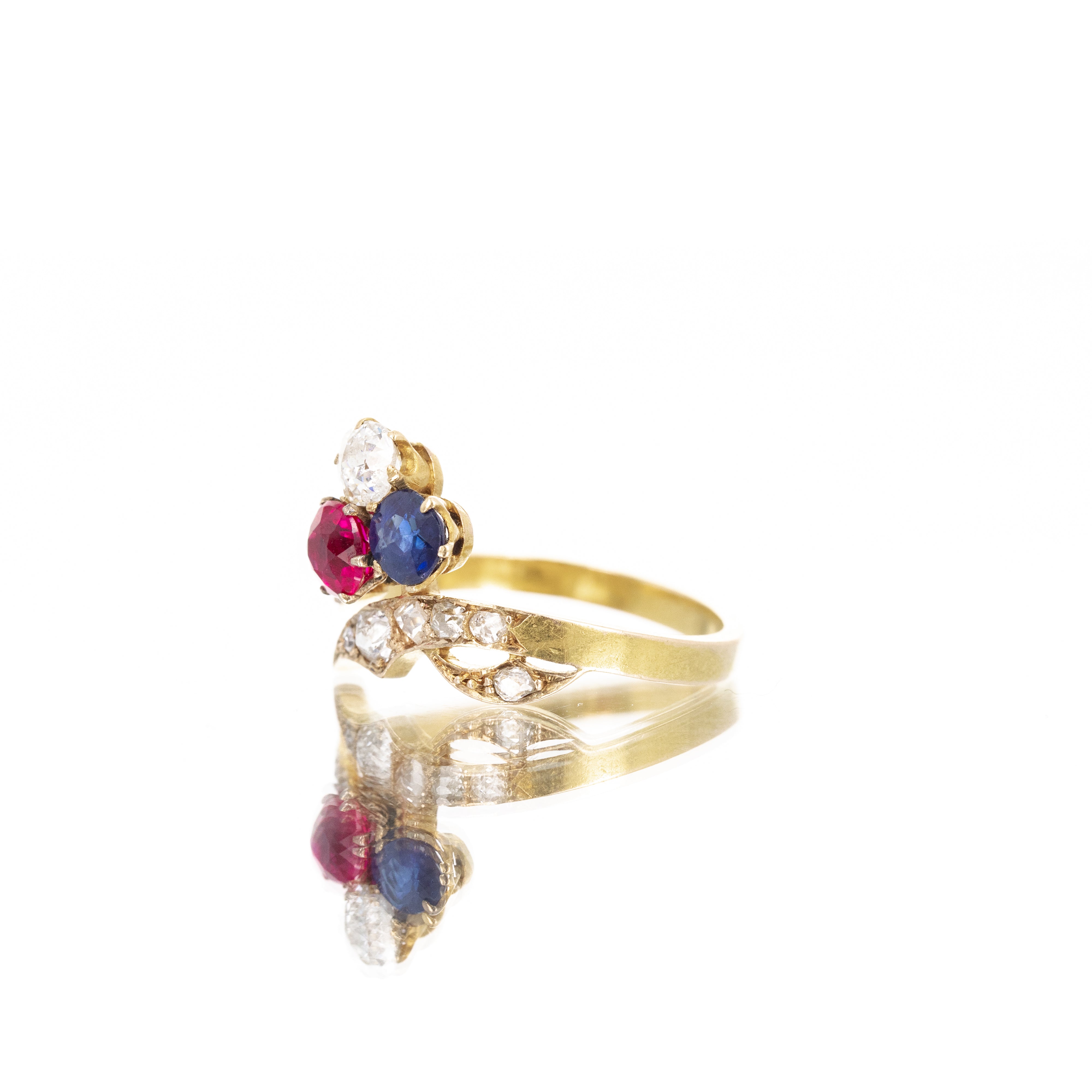 Edwardian 18K Yellow Gold Sapphire Diamond Synthetic Ruby Ring - Queen May