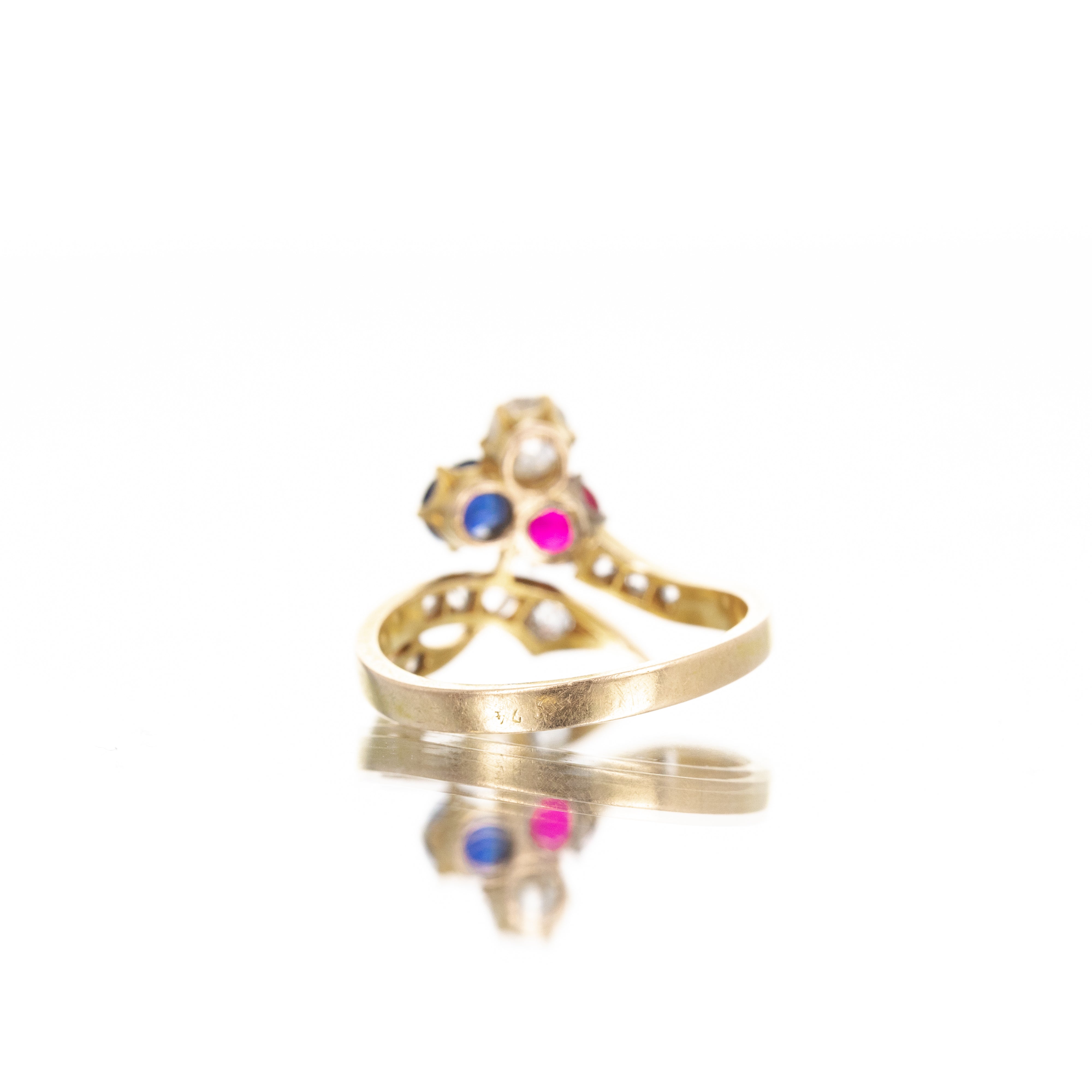 Edwardian 18K Yellow Gold Sapphire Diamond Synthetic Ruby Ring - Queen May