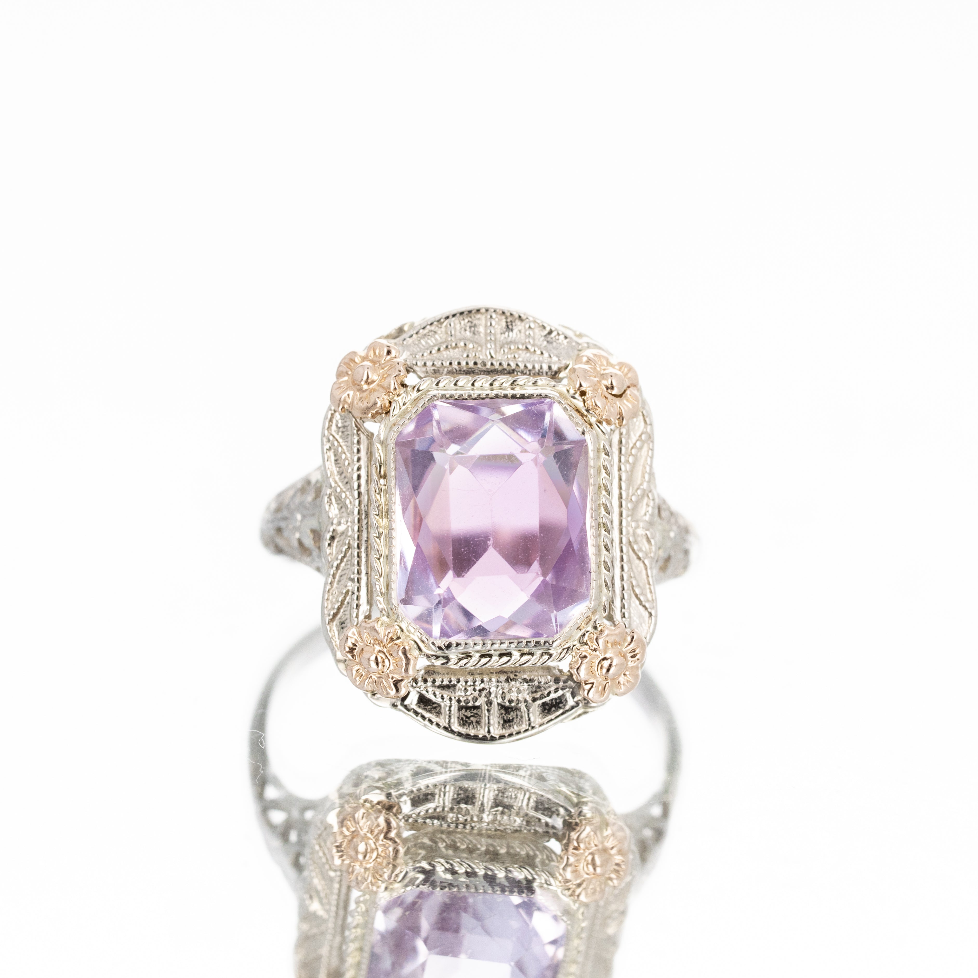Art Deco 14K Gold 2.25 Carat Antique Cut Amethyst Filigree Ring - Queen May