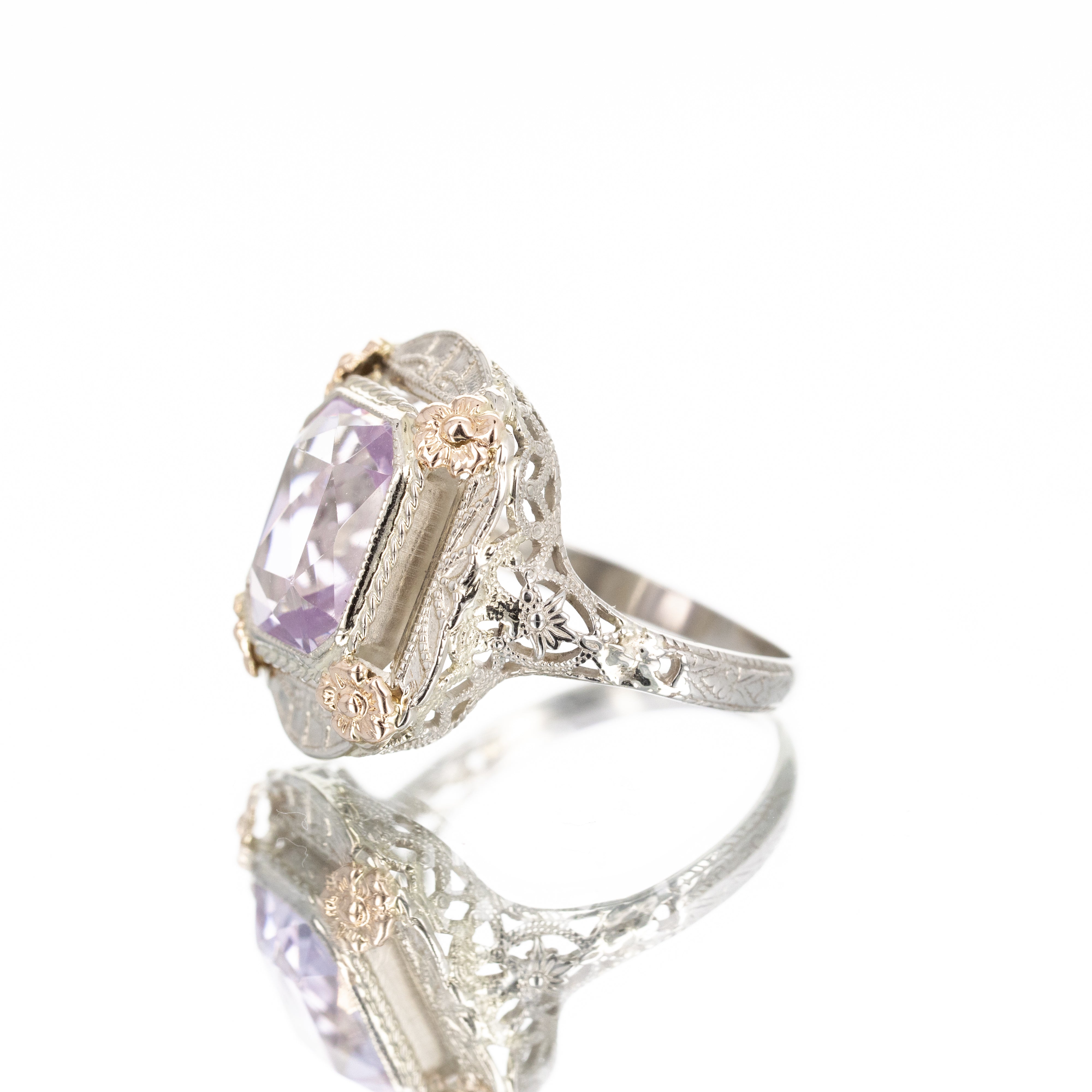 Art Deco 14K Gold 2.25 Carat Antique Cut Amethyst Filigree Ring - Queen May