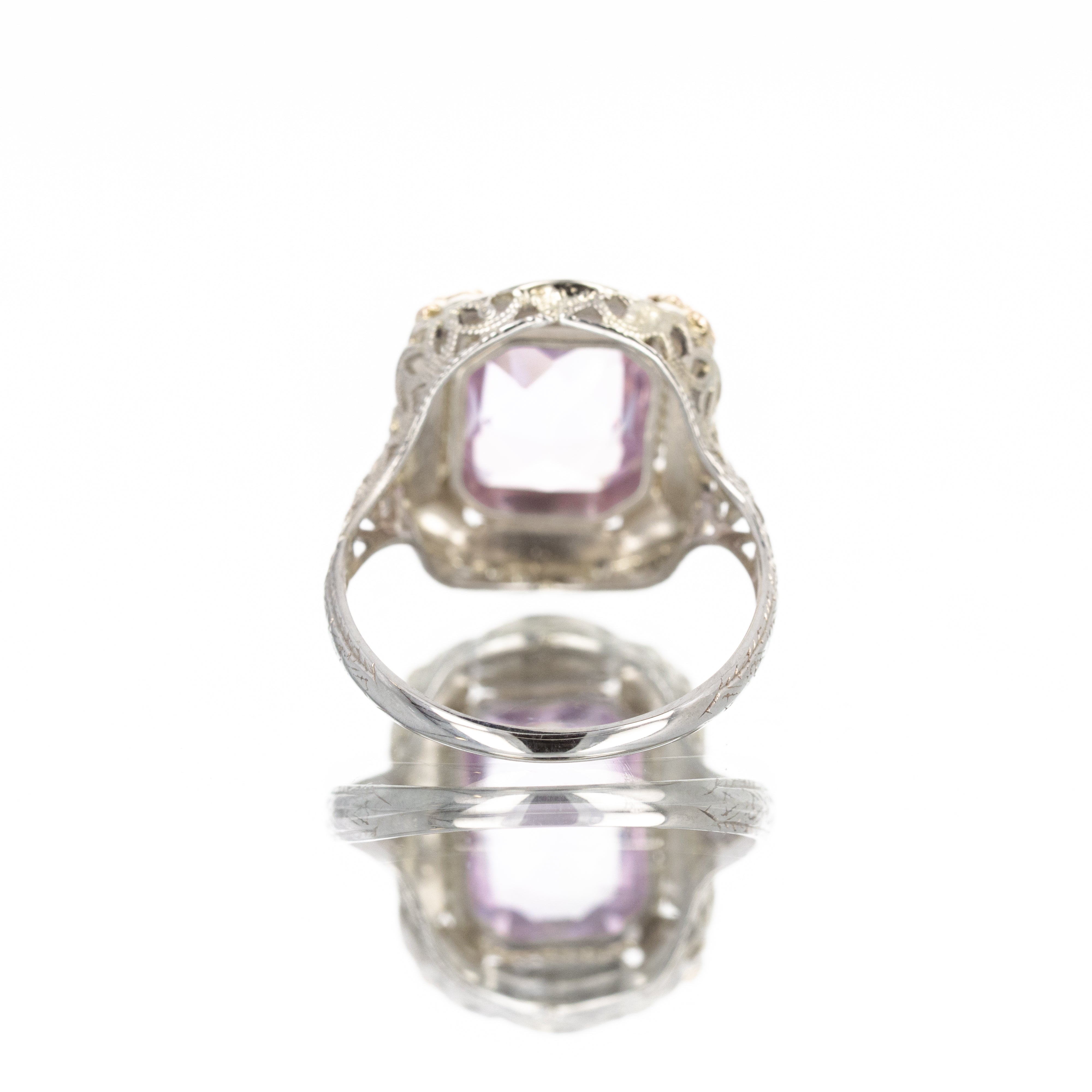 Art Deco 14K Gold 2.25 Carat Antique Cut Amethyst Filigree Ring - Queen May