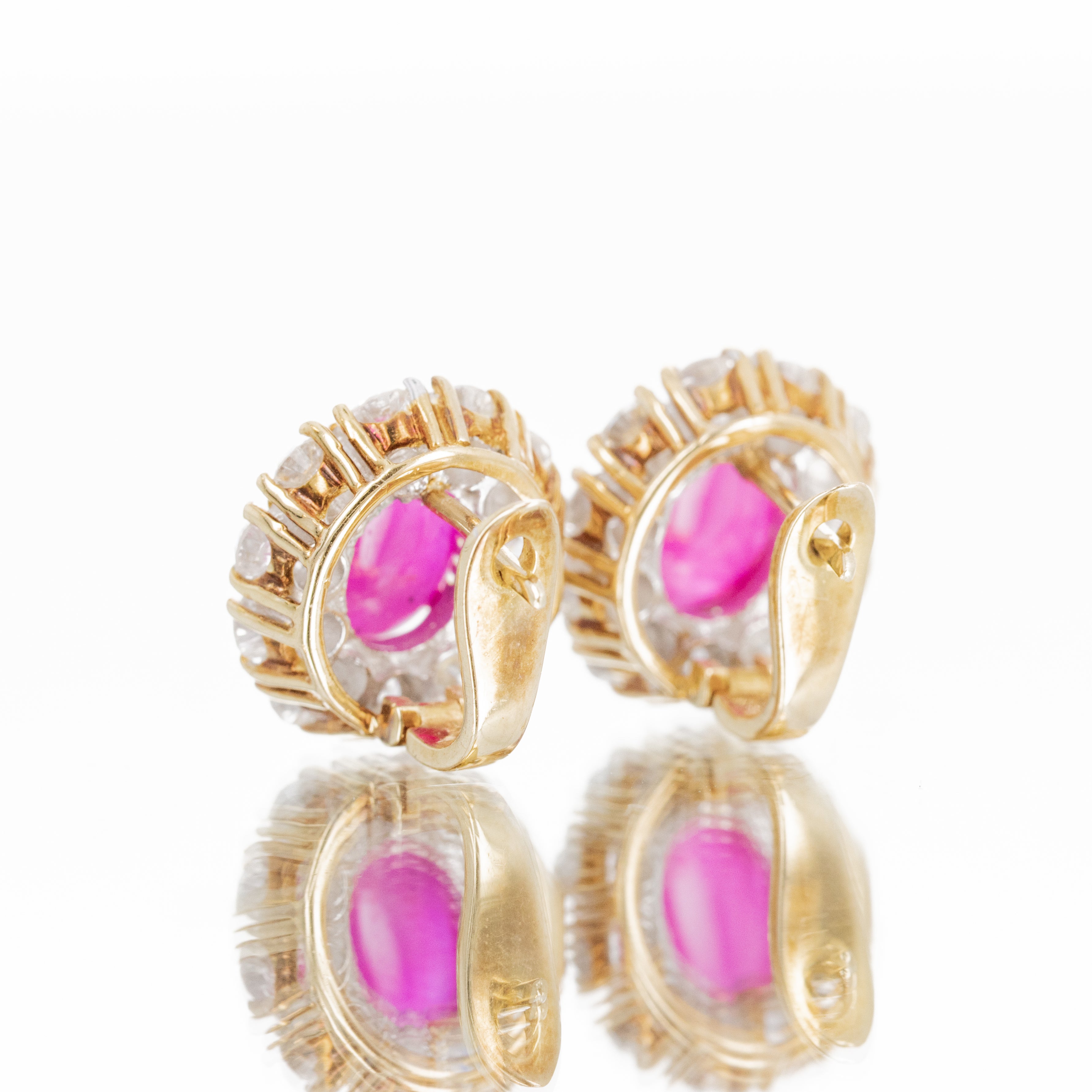 18K Yellow Gold 4.21 Carat Cabochon Ruby Diamond Halo Stud Earrings - Queen May