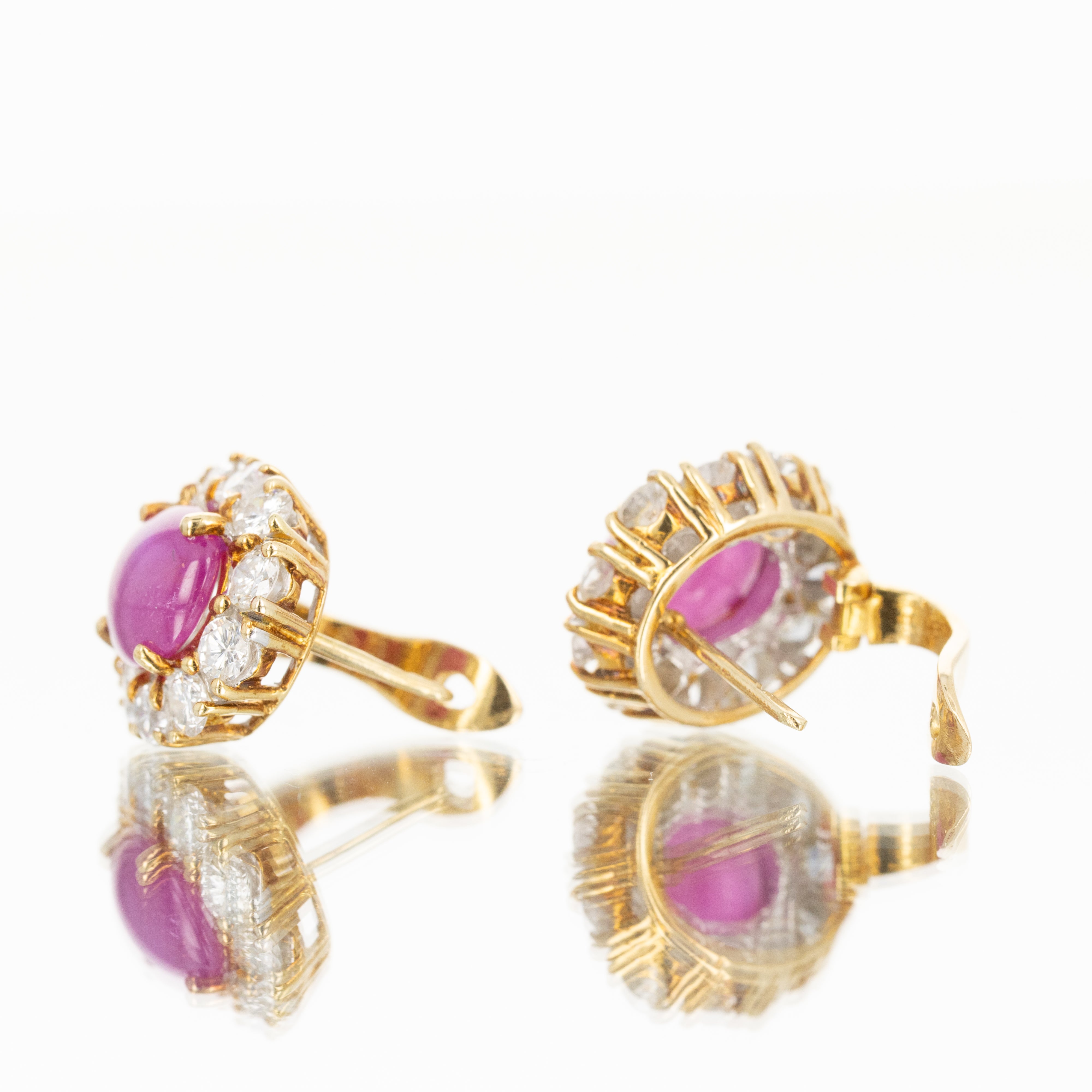 18K Yellow Gold 4.21 Carat Cabochon Ruby Diamond Halo Stud Earrings - Queen May