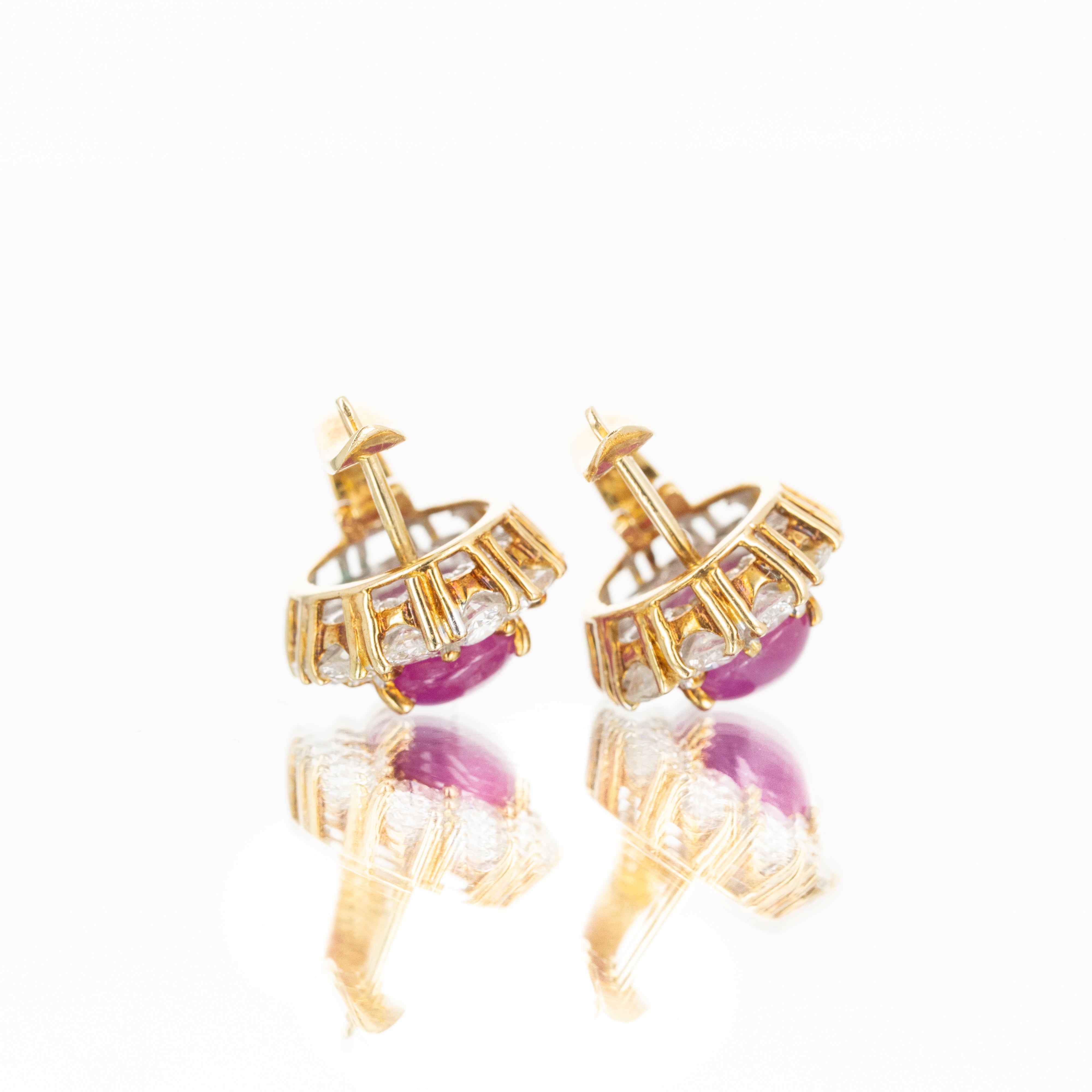 18K Yellow Gold 4.21 Carat Cabochon Ruby Diamond Halo Stud Earrings - Queen May