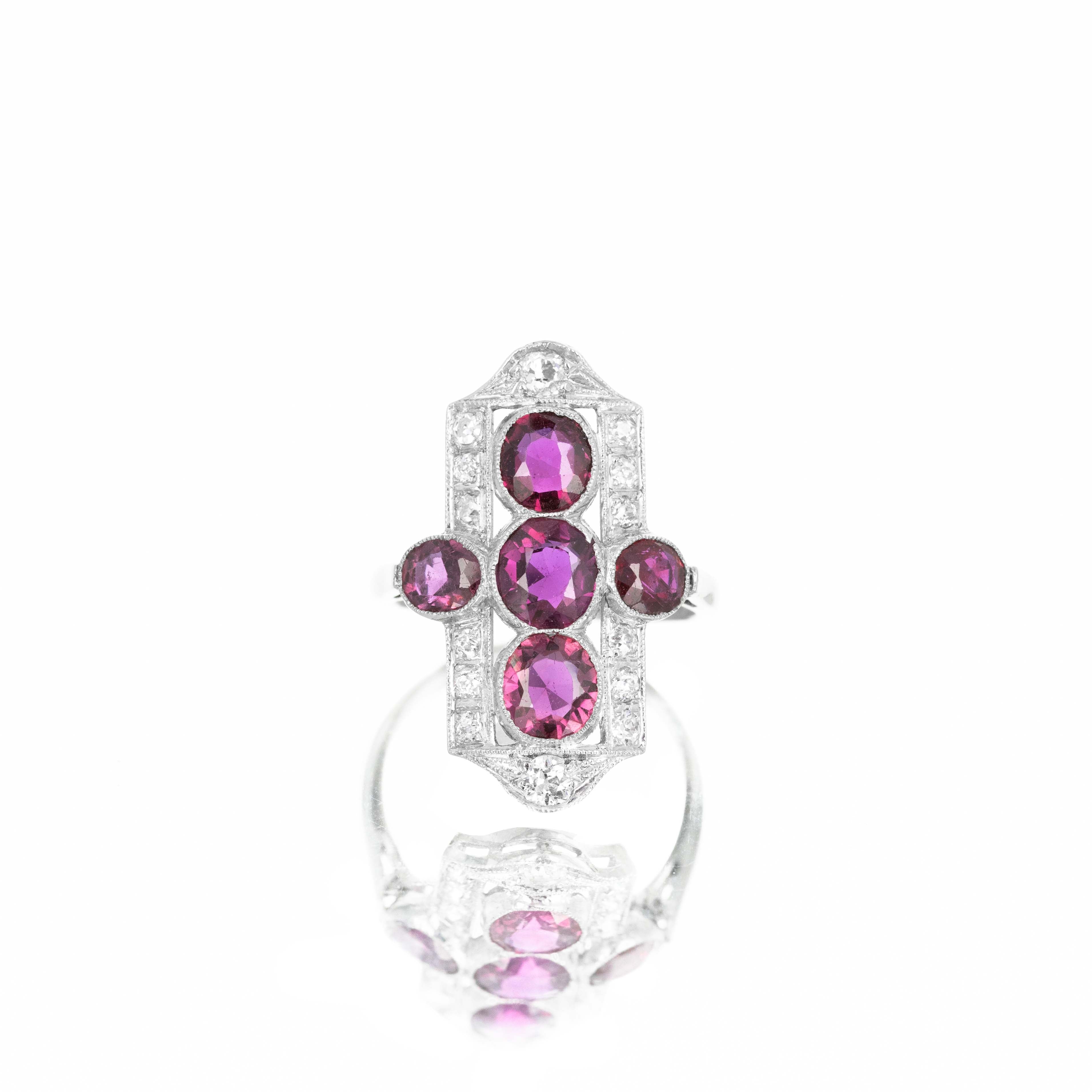 Art Deco Platinum No Heat Ruby Old European Diamond Shield Ring - Queen May
