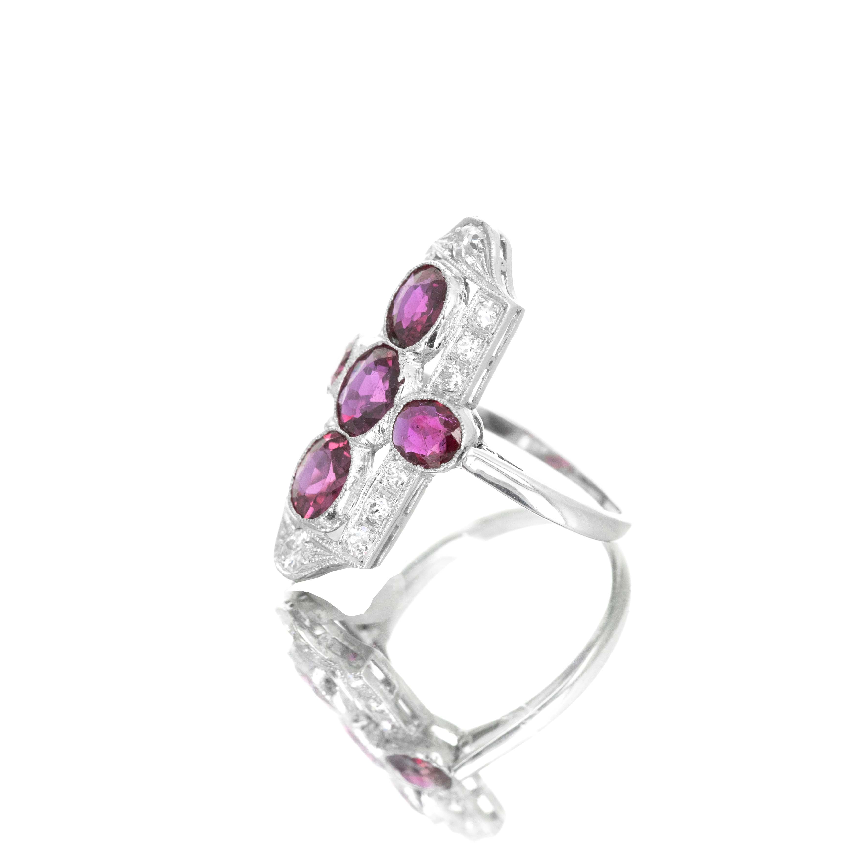 Art Deco Platinum No Heat Ruby Old European Diamond Shield Ring - Queen May
