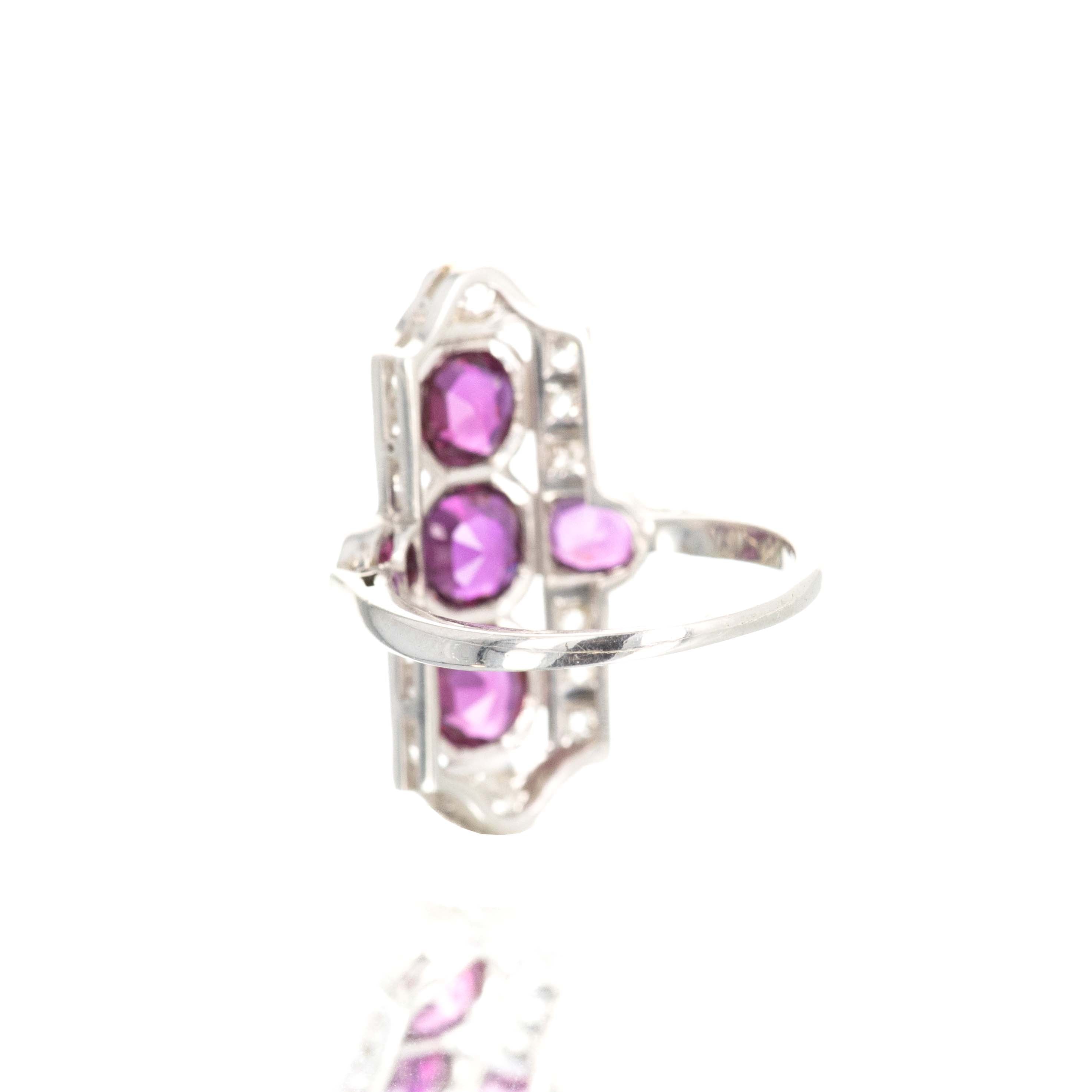Art Deco Platinum No Heat Ruby Old European Diamond Shield Ring - Queen May