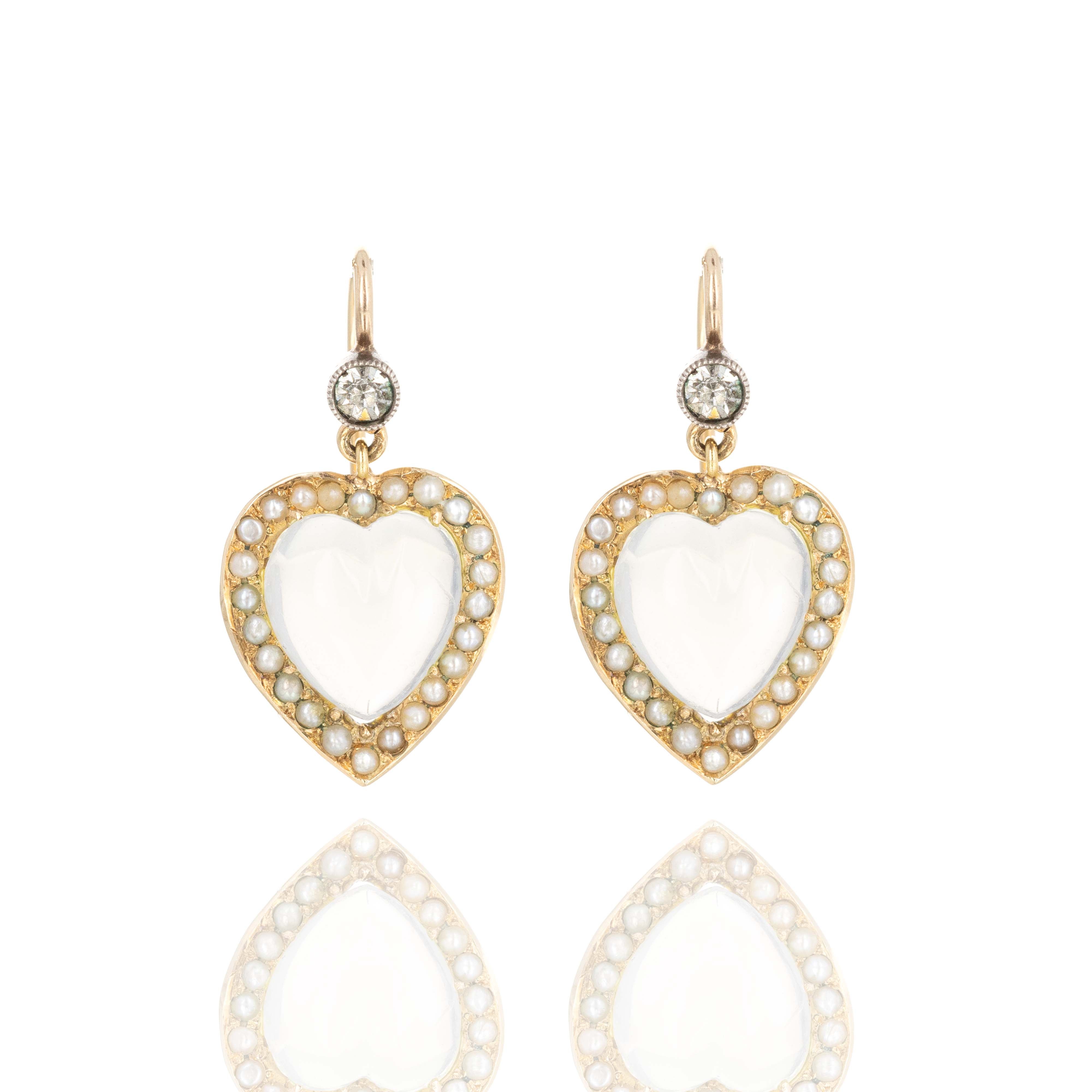 Victorian 14K Yellow Gold Heart Shape Moonstone Seed Pearl Drop Earrings - Queen May