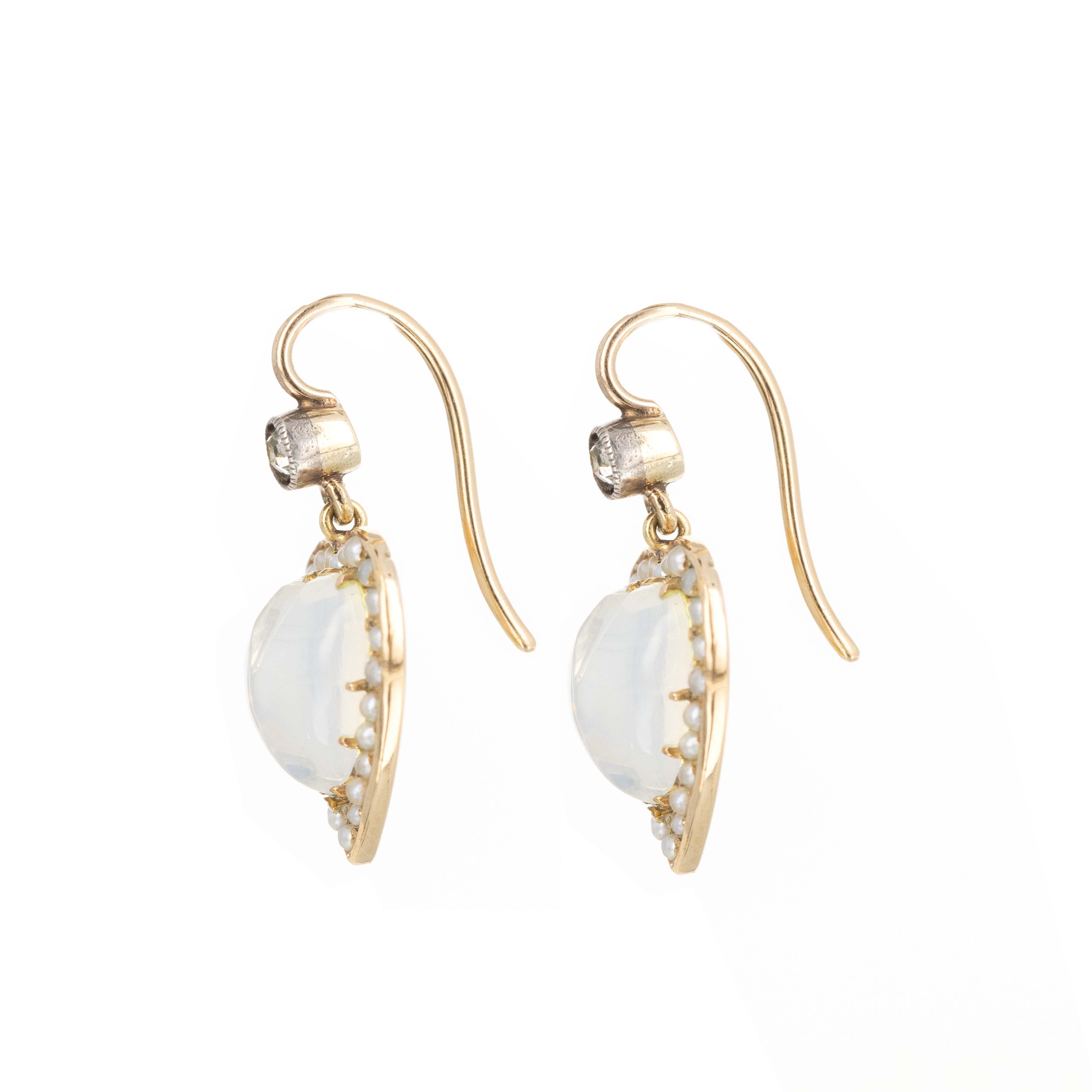 Victorian 14K Yellow Gold Heart Shape Moonstone Seed Pearl Drop Earrings - Queen May