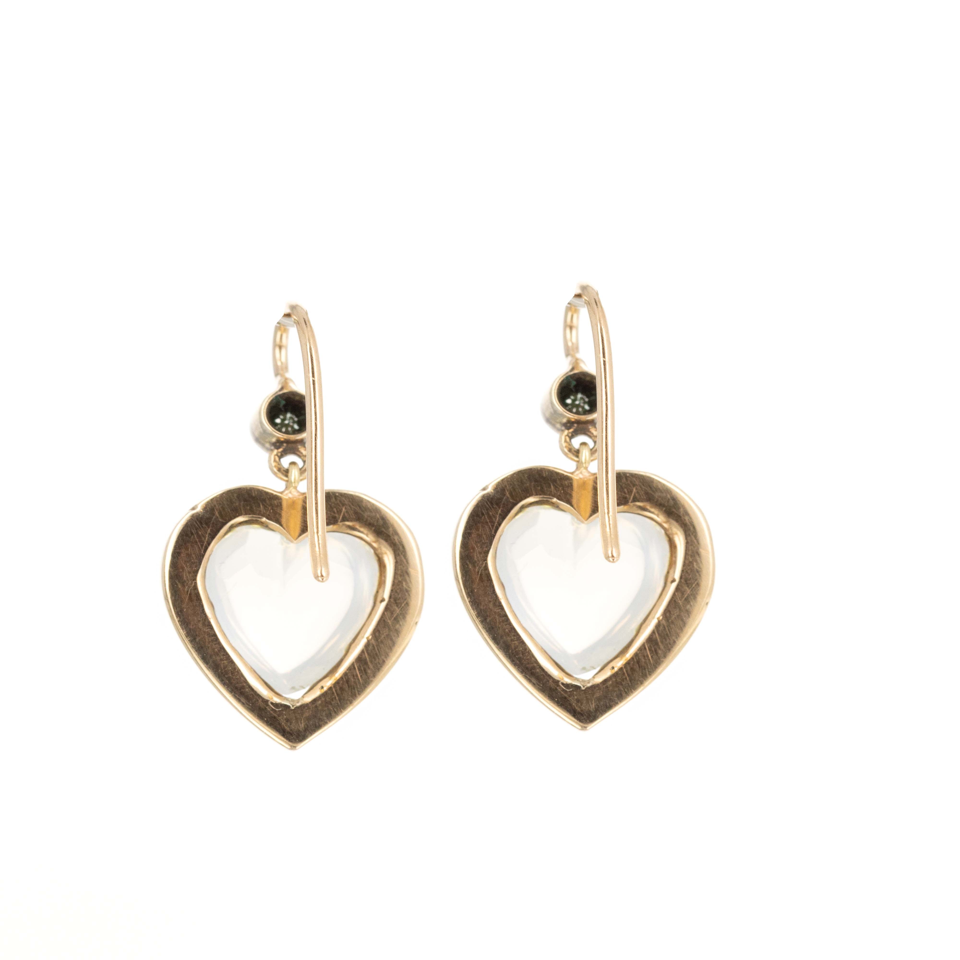 Victorian 14K Yellow Gold Heart Shape Moonstone Seed Pearl Drop Earrings - Queen May