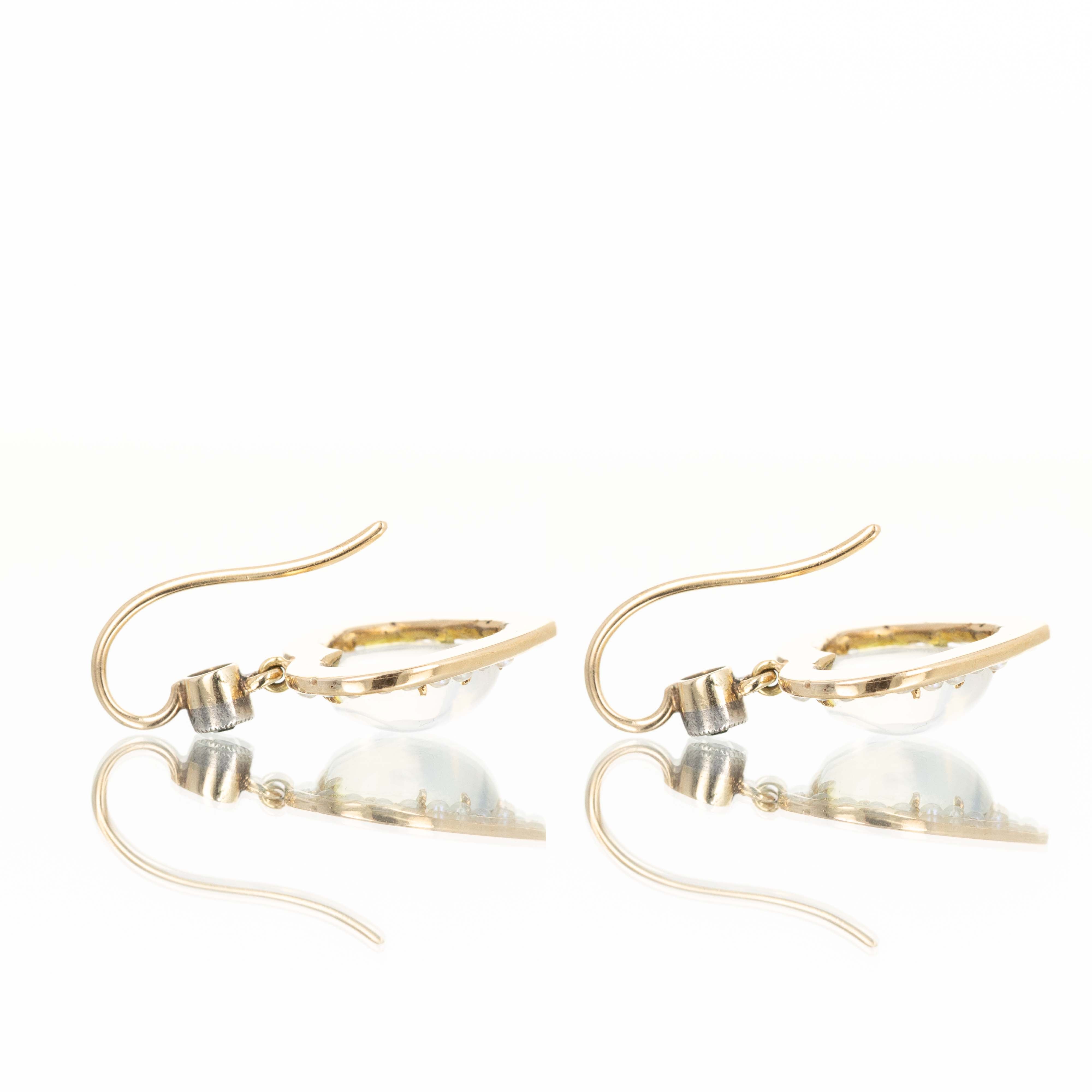 Victorian 14K Yellow Gold Heart Shape Moonstone Seed Pearl Drop Earrings - Queen May