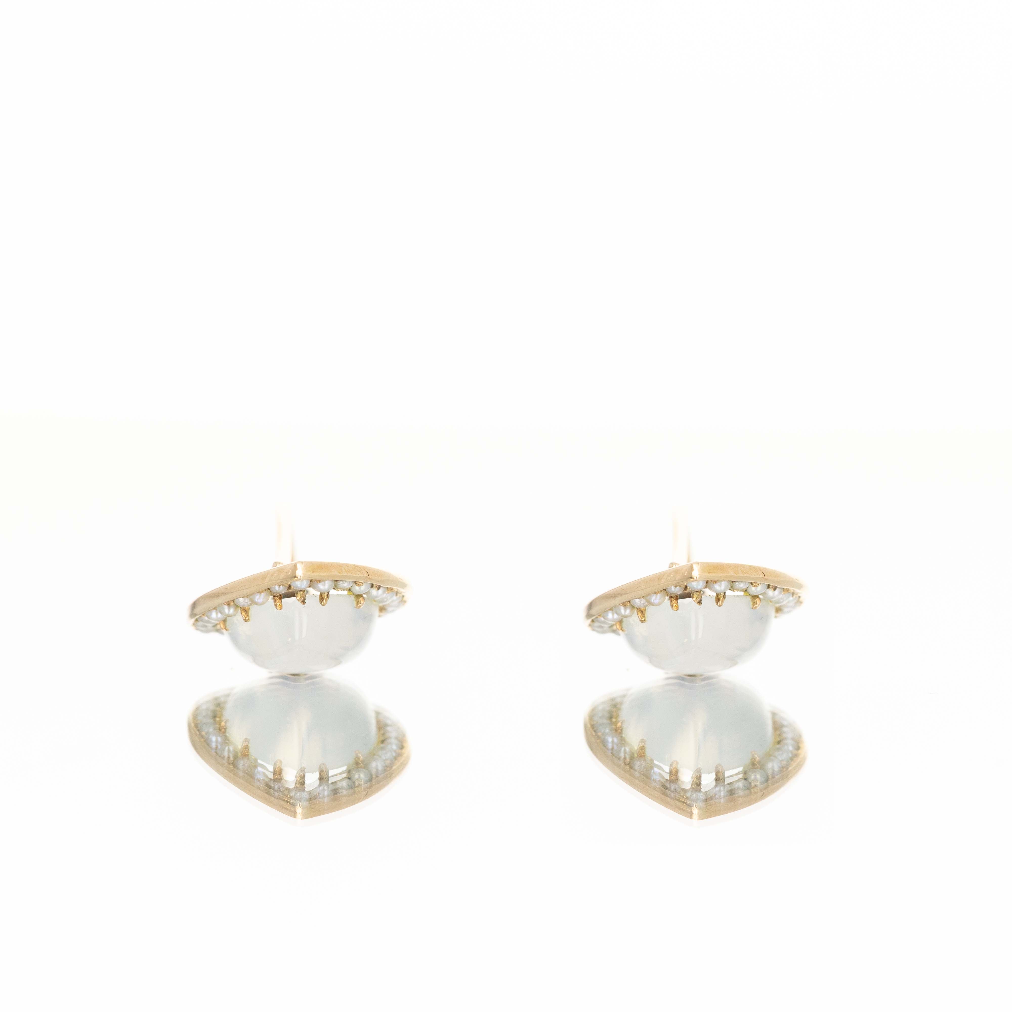 Victorian 14K Yellow Gold Heart Shape Moonstone Seed Pearl Drop Earrings - Queen May