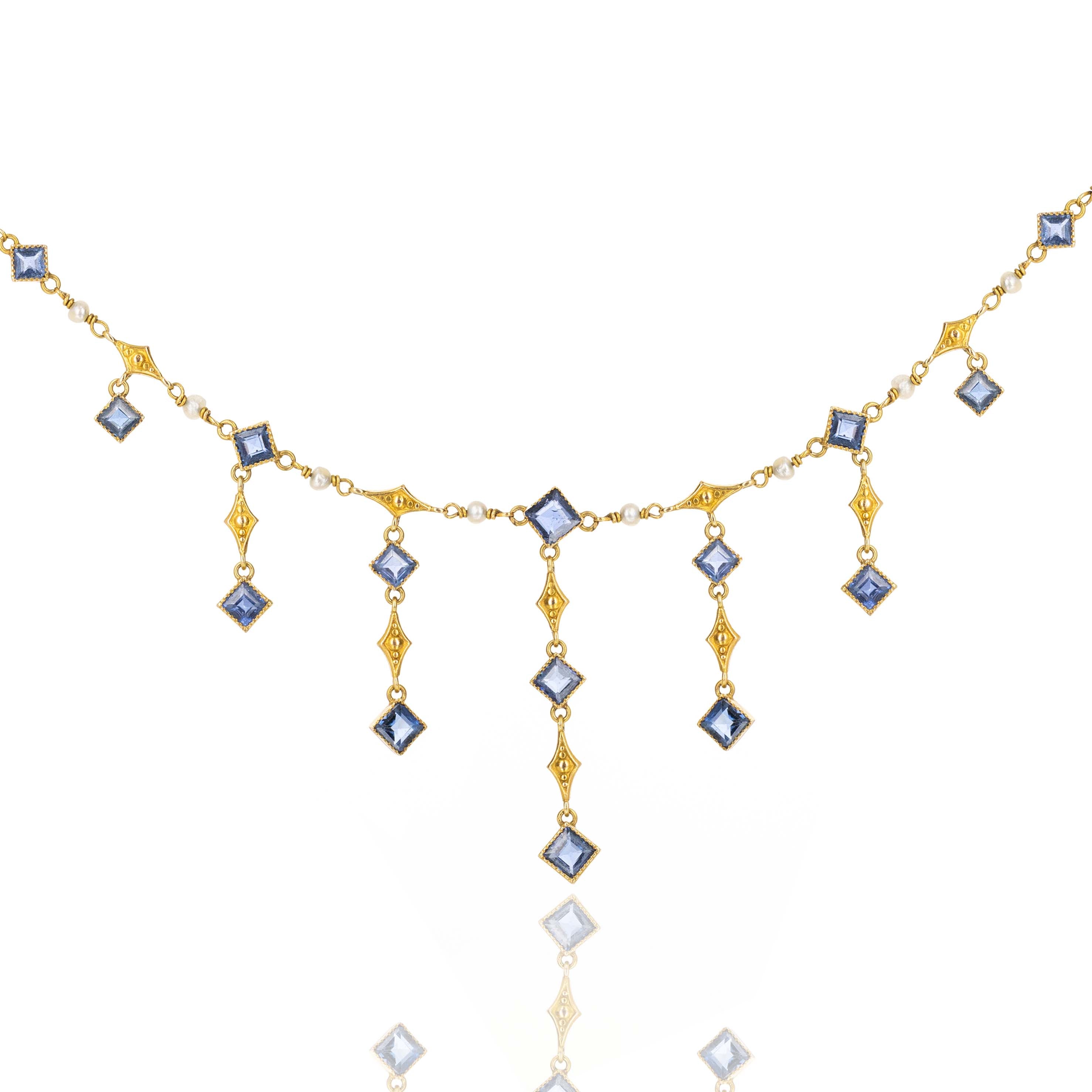 Victorian 14K Yellow Gold 4 Carat Antique Cut Sapphire Fringe Necklace - Queen May
