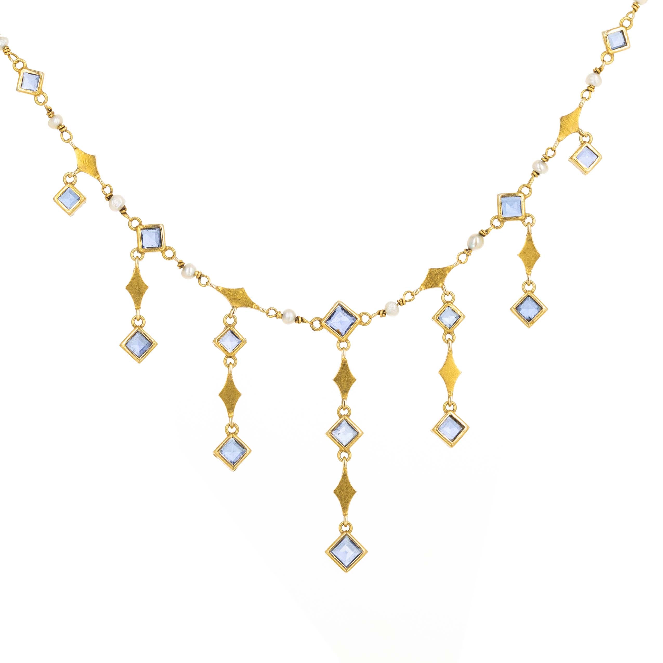 Victorian 14K Yellow Gold 4 Carat Antique Cut Sapphire Fringe Necklace - Queen May