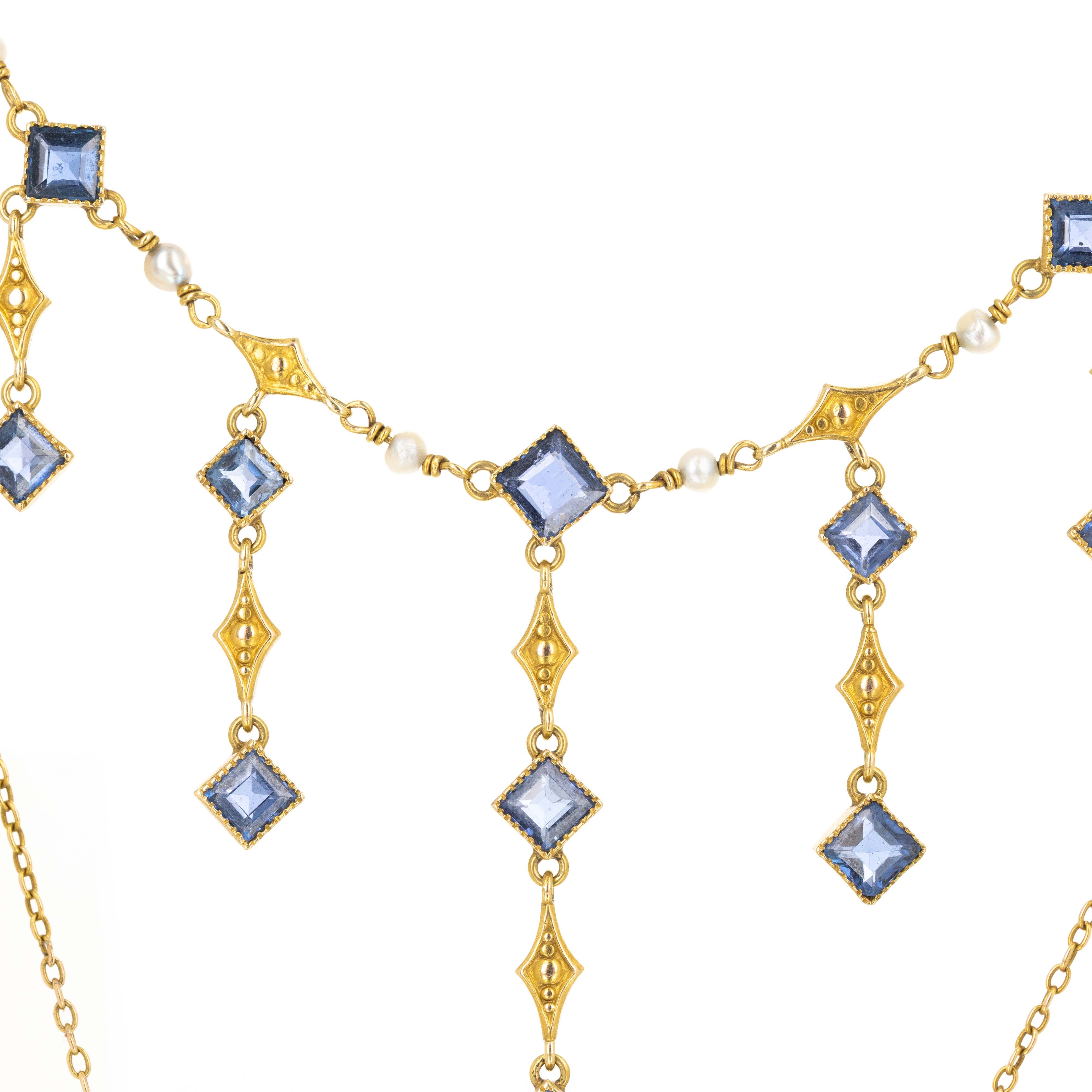 Victorian 14K Yellow Gold 4 Carat Antique Cut Sapphire Fringe Necklace - Queen May